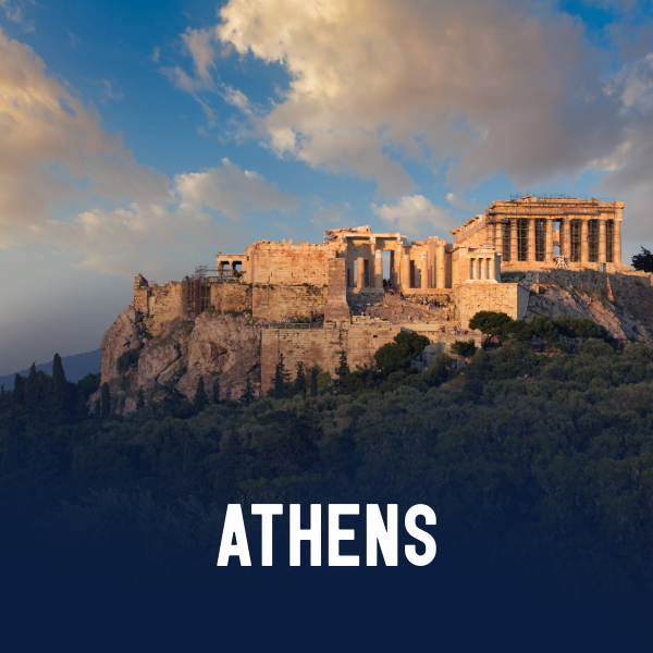 Photograph of the Parthenon and Acropolis on a hilltop in Athens, Greece, with a partly cloudy sky and colorful landscape in the foreground, featuring the text 'ATHENS 2026'.