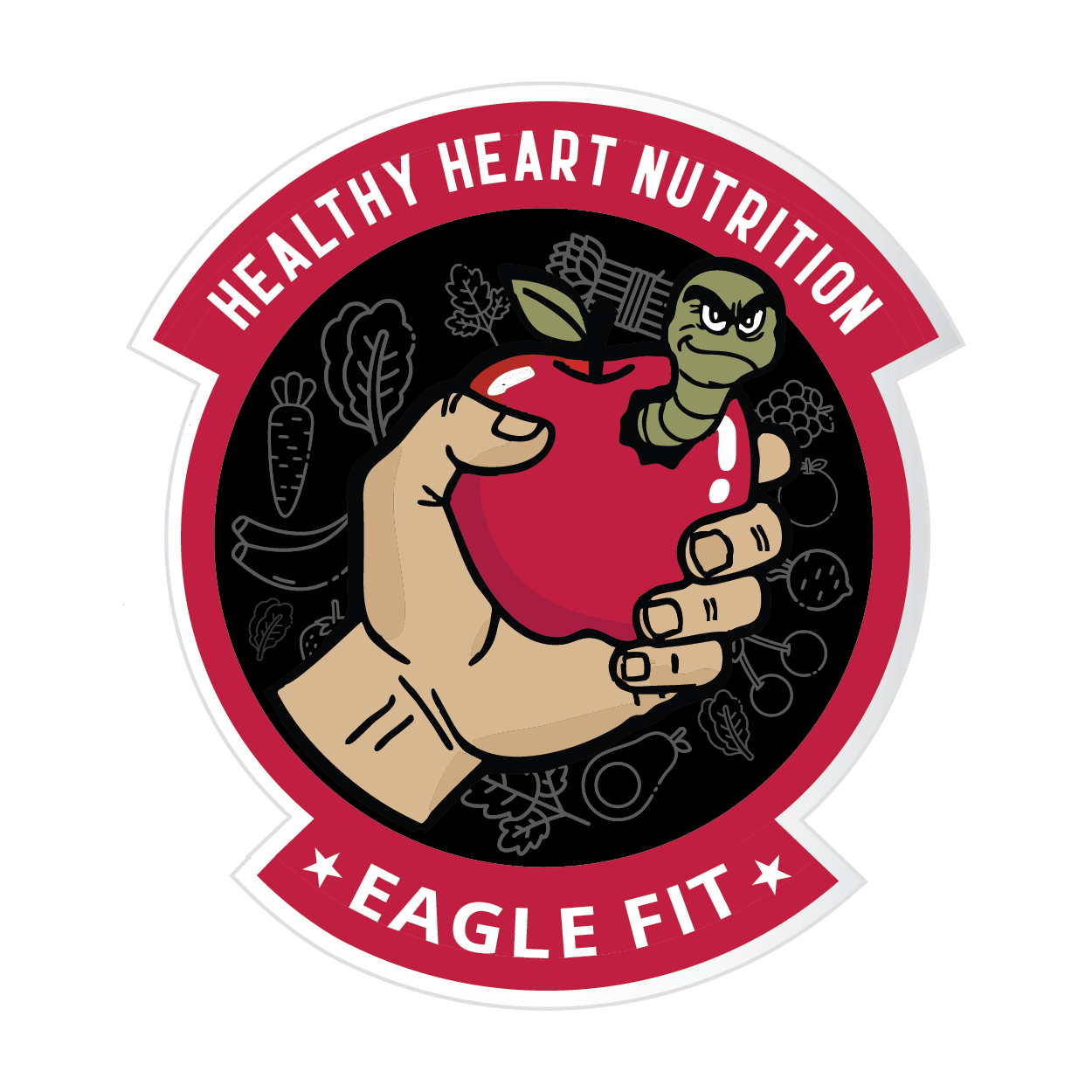A logo featuring a hand gripping a red apple with a worm emerging from it. The background has illustrations of vegetables. The top text reads 'Healthy Heart Nutrition' and the bottom text reads 'Eagle Fit'.