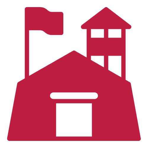 Icon of a school building with a flag and a tower, in dark red color.