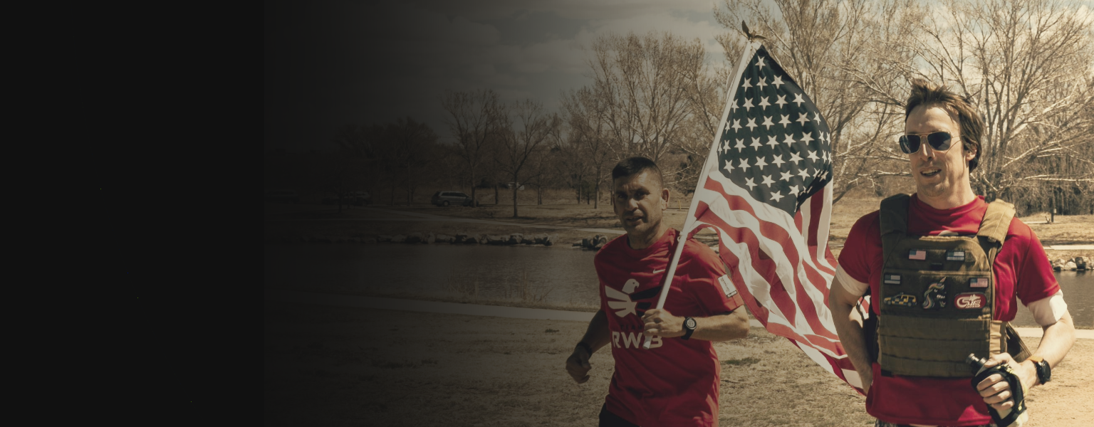 Runner with Flag against a dark camo-pattern background