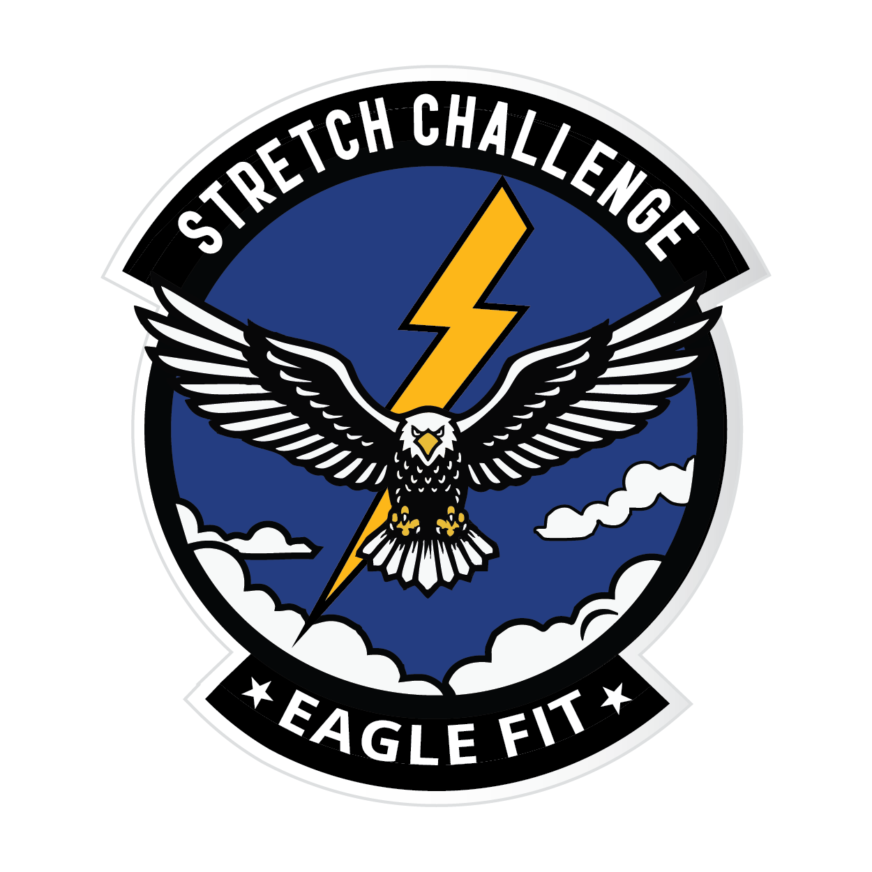 A circular badge with a black background and white border displaying a black banner at top reading 'STRETCH CHALLENGE' and a banner at bottom reading 'EAGLE FIT'. Inside, an eagle with outstretched wings flying in front of a yellow lightning bolt against a dark blue sky with white clouds.