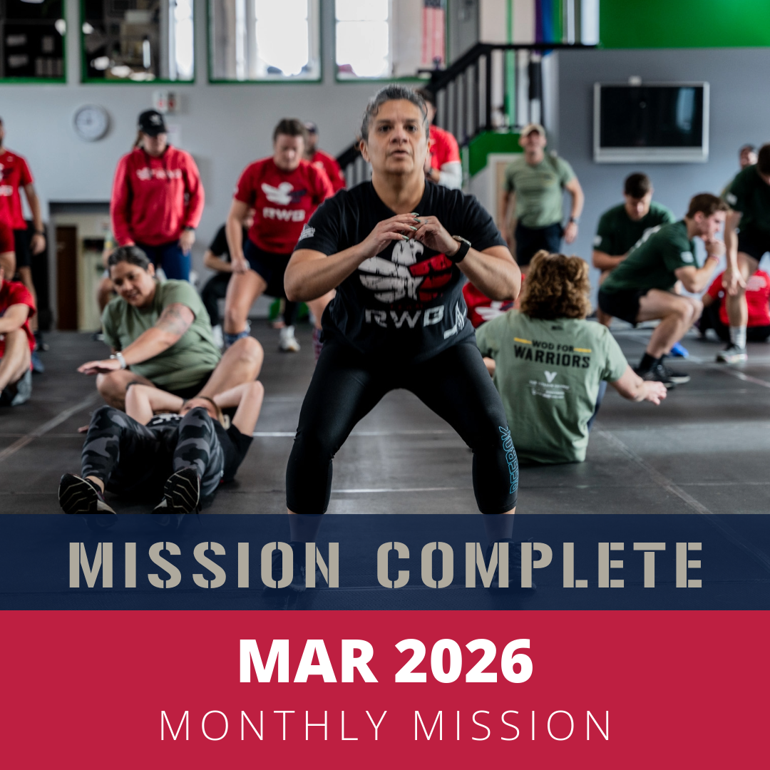 Group of people participating in a fitness class in a gym, with a woman in the foreground performing a squat, some lying on the floor, and others in different poses. Text overlay reads 'MAR 2026 MONTHLY MISSION'.