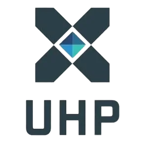 A logo with a geometric design and the letters 'UHP' beneath it, featuring a diamond shape with blue and white accents.
