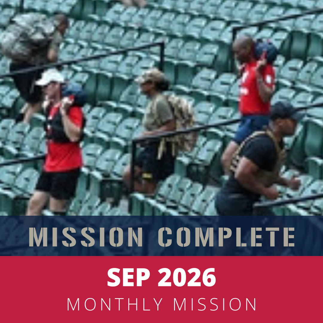 Four athletes wearing backpacks and sports gear, walking up stairs in a stadium, carrying their gear, with empty seats in the background. Text overlay reads, "SEP 2026 MONTHLY MISSION."