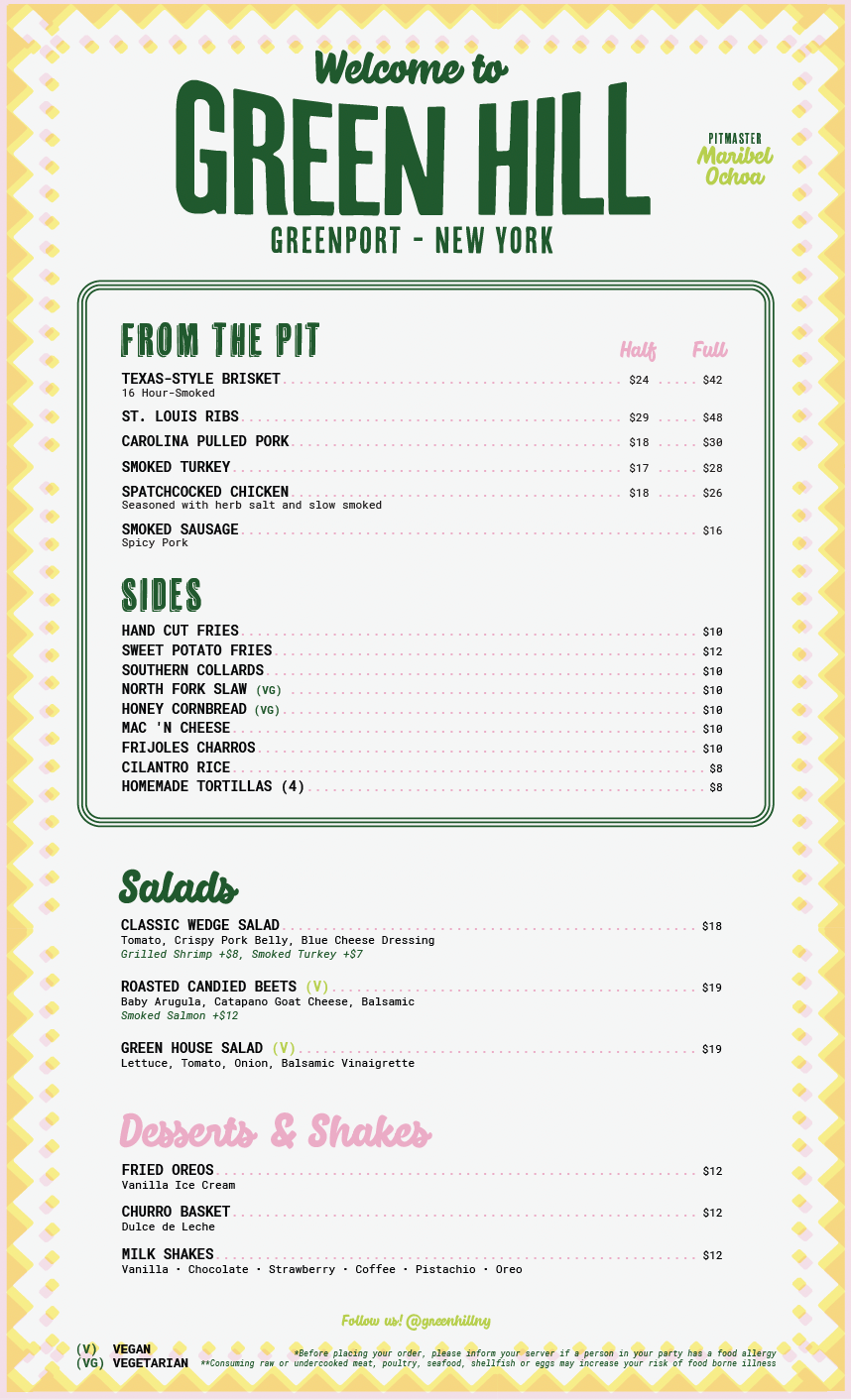 Menu for Green Hill in Greenport, New York, featuring various barbecue dishes, sides, salads, and desserts, with prices listed for half and full portions.