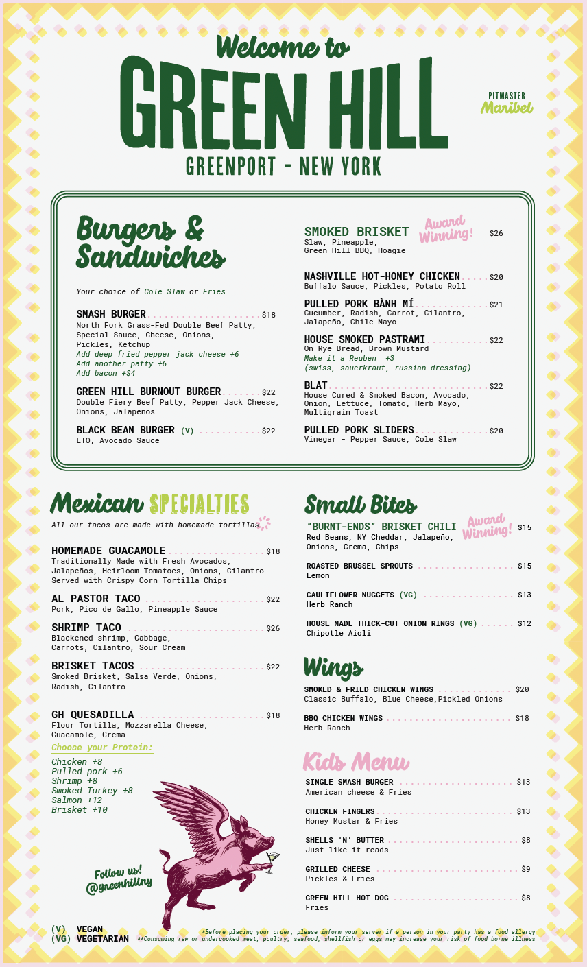 Menu board for Green Hill in Greenport, New York, featuring burger and sandwich options, Mexican specialties, small bites, wings, and kids menu with prices and descriptions.