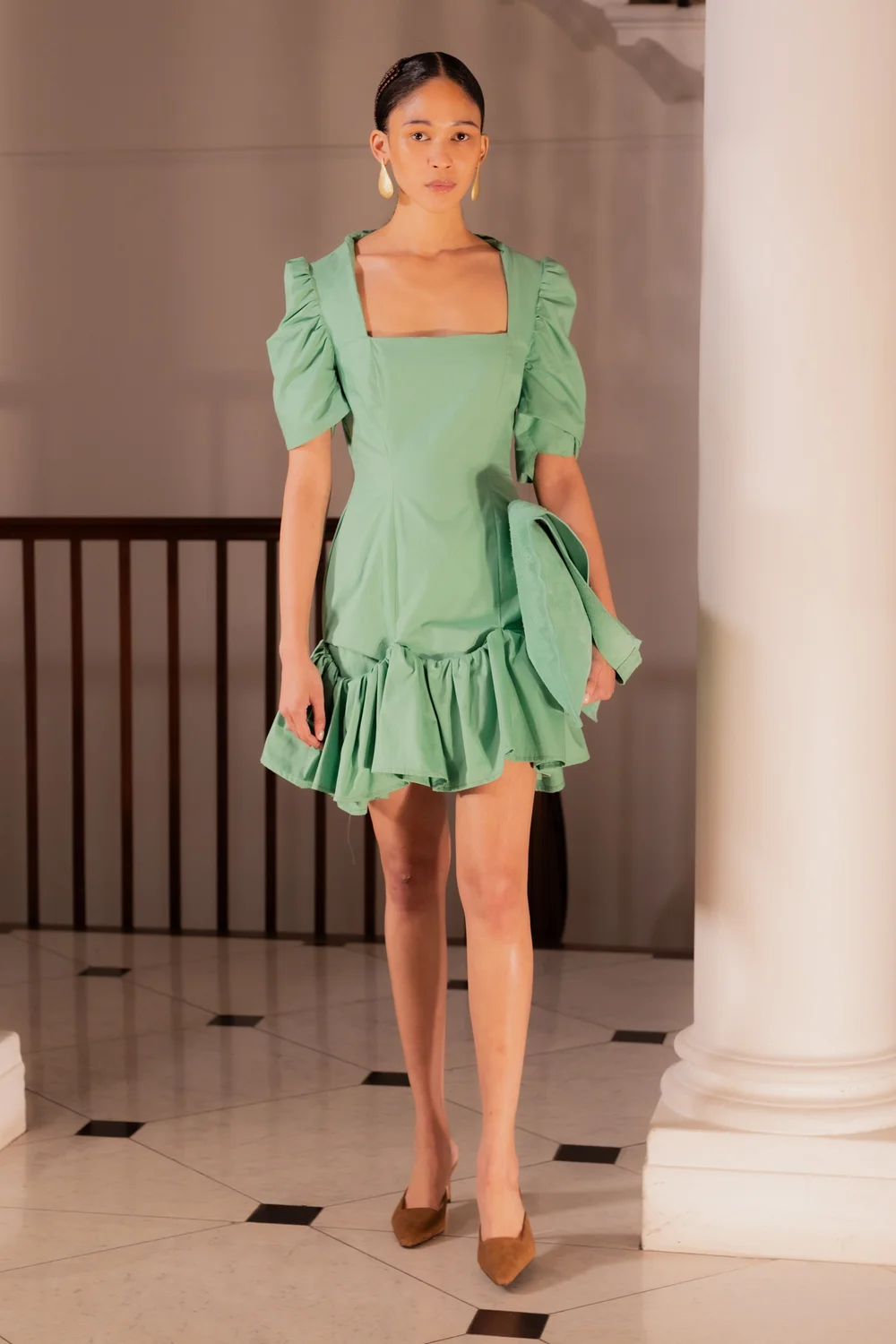 maison mini dress Maison Murad Blue Column Short Sleeves Evening Dress
