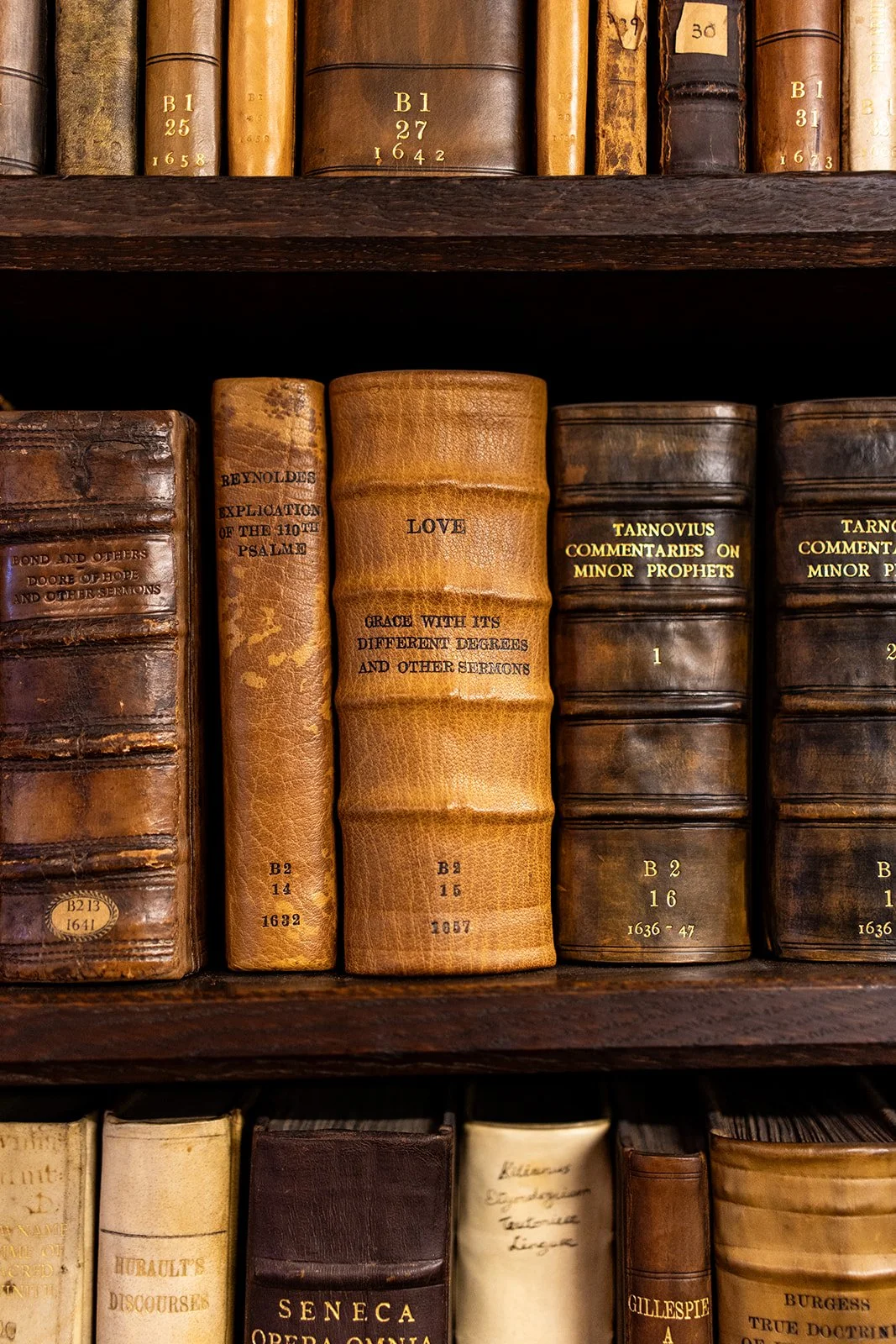 Close-up of an old wooden bookshelf with leather-bound books, some titled 'Love,' 'Tarnovius Commentaries on Minor Prophets,' and others with visible age and wear.