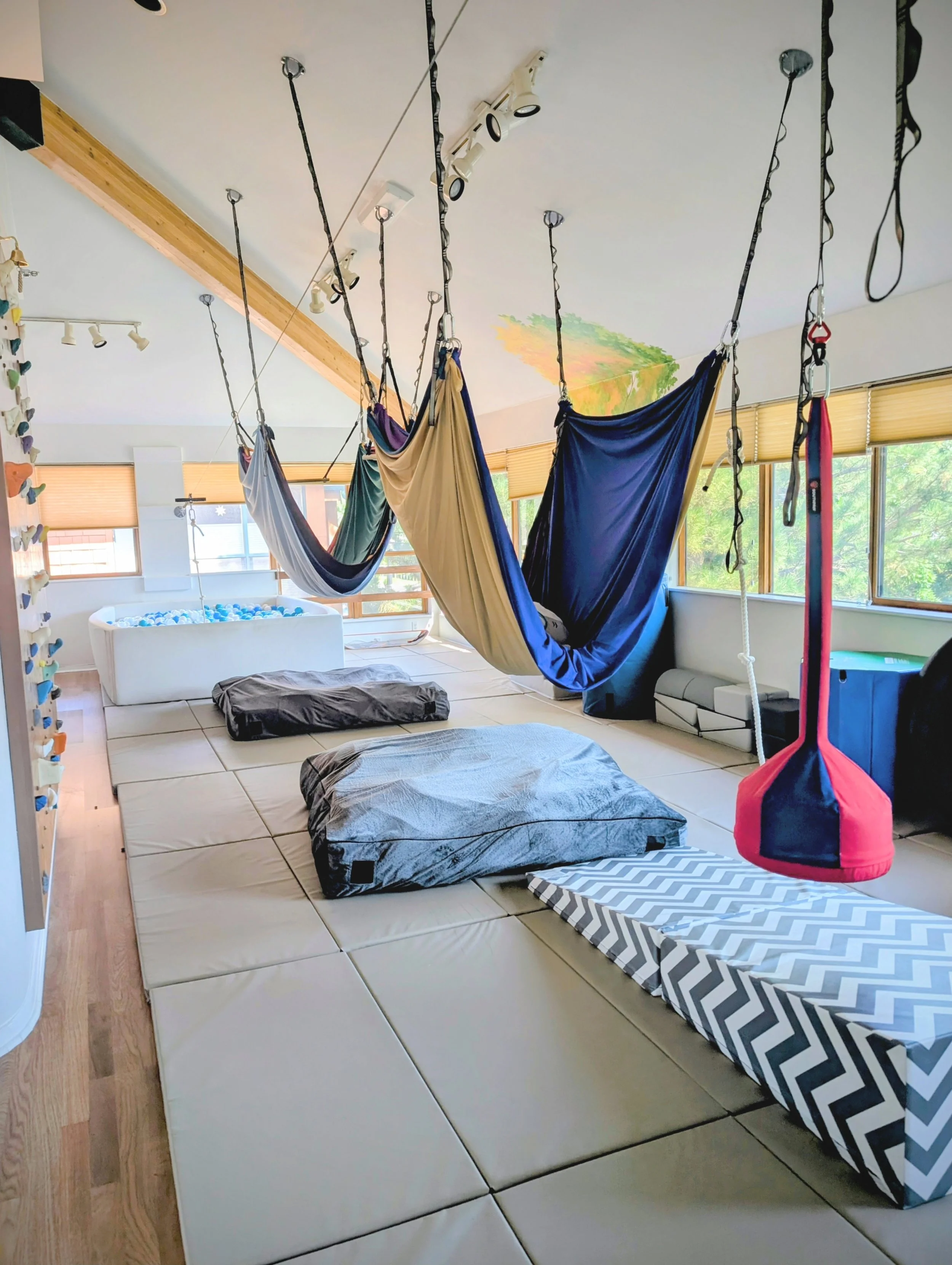 Indoor playroom with fitness equipment, including aerial silks and a hammock, basketball hoop, and foam pit with blue balls; sunlight through windows, white tiled floor.