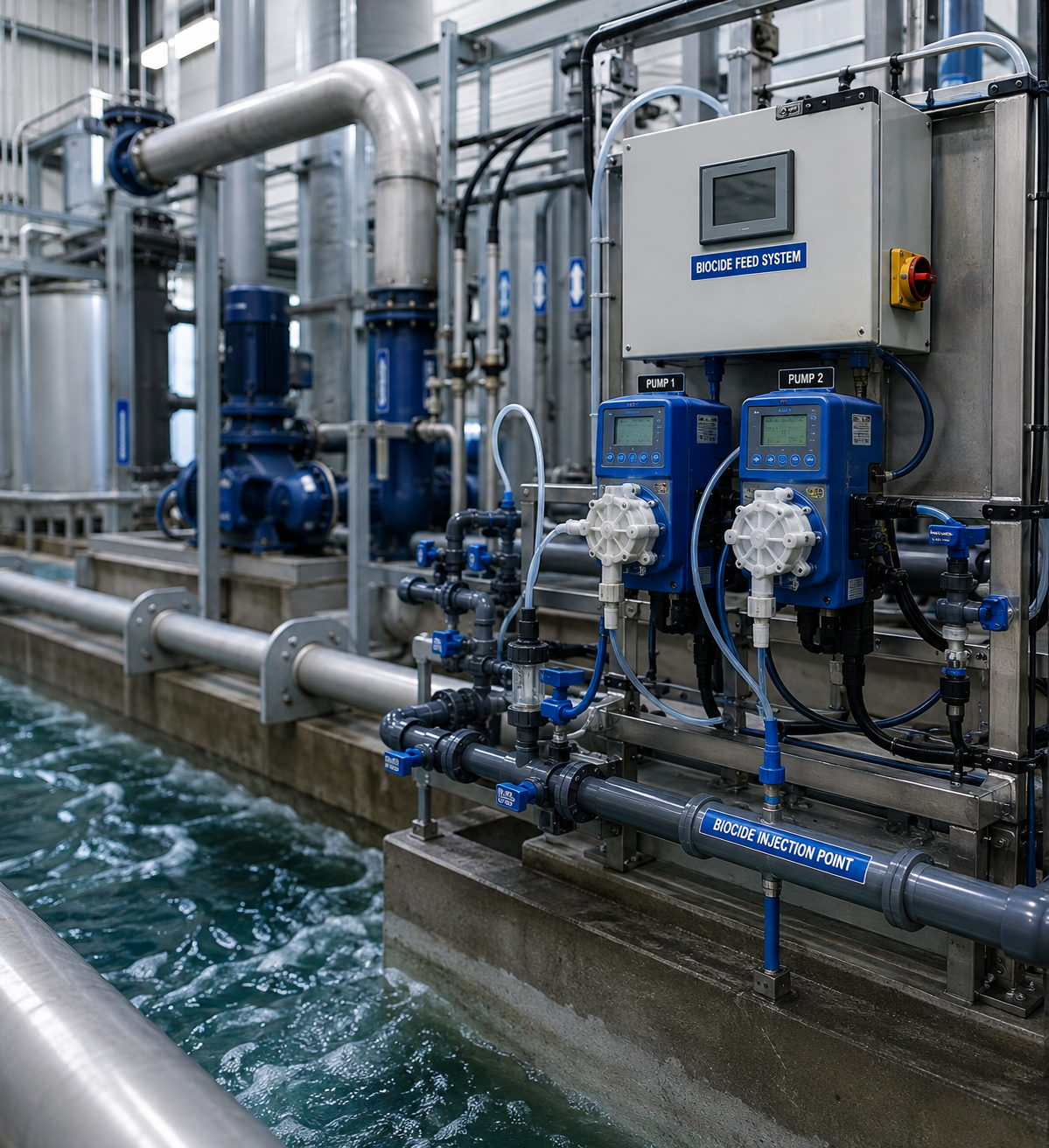 Biocide feed system with chemical metering pumps injecting into an industrial cooling water basin