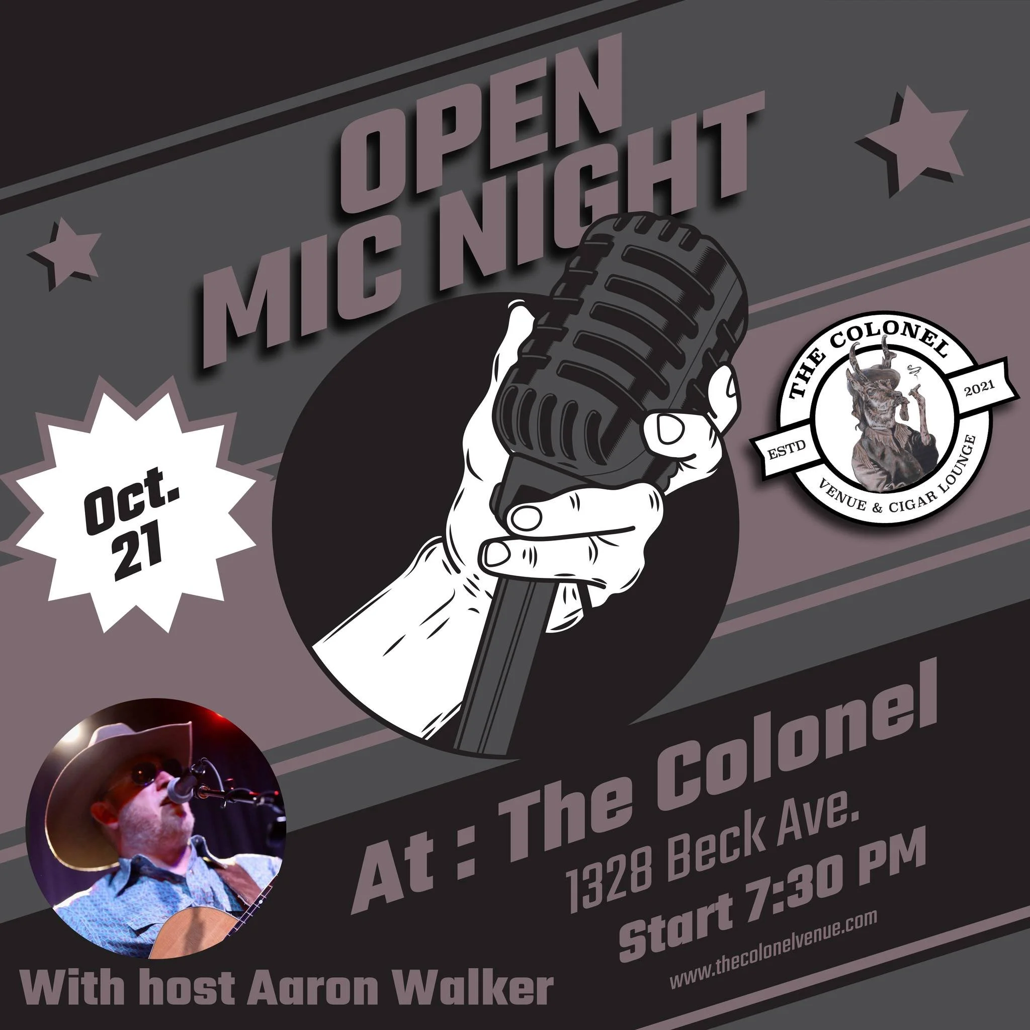 π€ Tuesday night is Open Mic Night at The Colonel! Hosted by Aaron Walker, this is your chance to take the stage, share your music, or just sit back and enjoy some amazing local talent. The fun kicks off at 7:30 PM — grab a drink, bring your fr