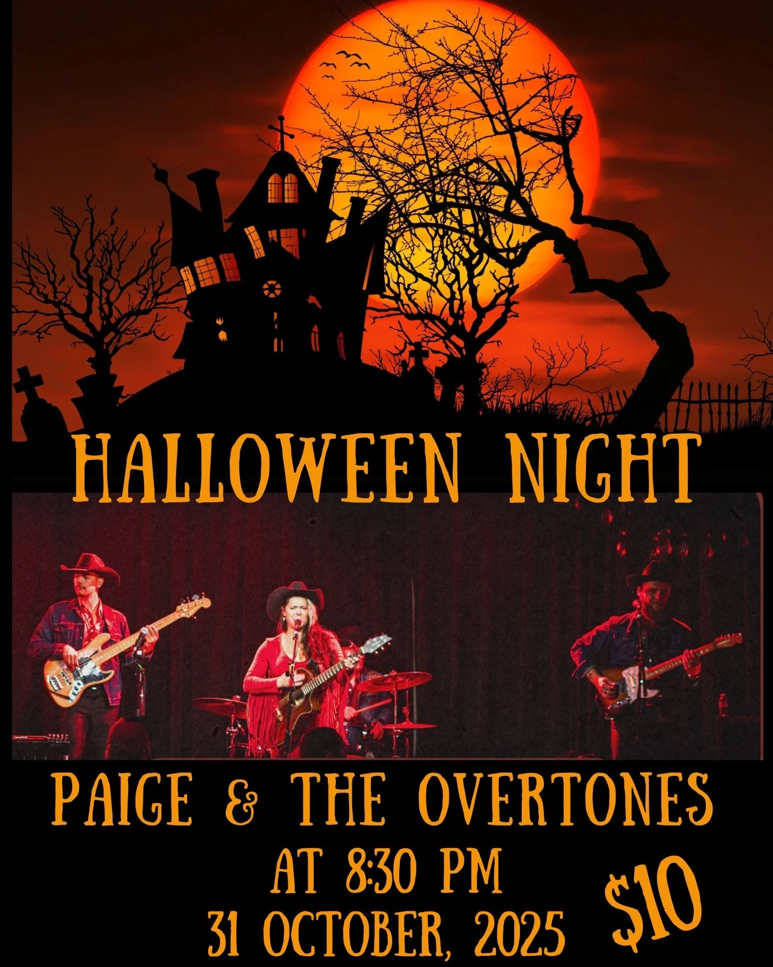 Join us Halloween night for a special evening of live music with Paige and The Overtones, a honky-tonk country band from Las Vegas known for their soulful take on classic outlaw country. πΆ Their high-energy performance captures the spirit of the gol