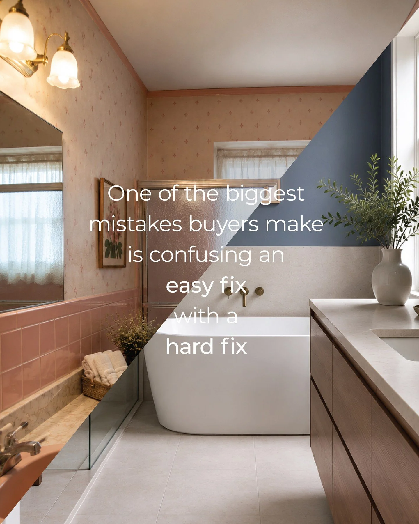 One of the biggest mistakes we see buyers make is getting caught up in the things they can change and overlooking the things they can't.⁠
⁠
Take this bathroom, for example.⁠
⁠
If it's just the paint colour that isn't your style, that's an easy fix. A