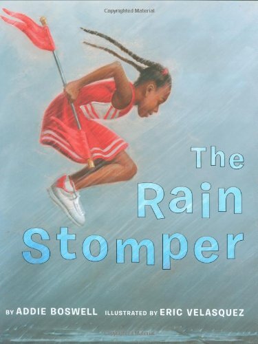 Today is the day of the big neighborhood parade. Baton twirler Jazmin is ready to lead the way for the dogs and kids, music and fun. But then the clouds crowd in. The sky darkens. Thunder roars. And the rain begins. SLAP clatter clatter SLAP SLAP! Is