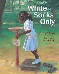 In the segregated south, a young girl thinks that she can drink from a fountain marked "Whites Only" because she is wearing her white socks.