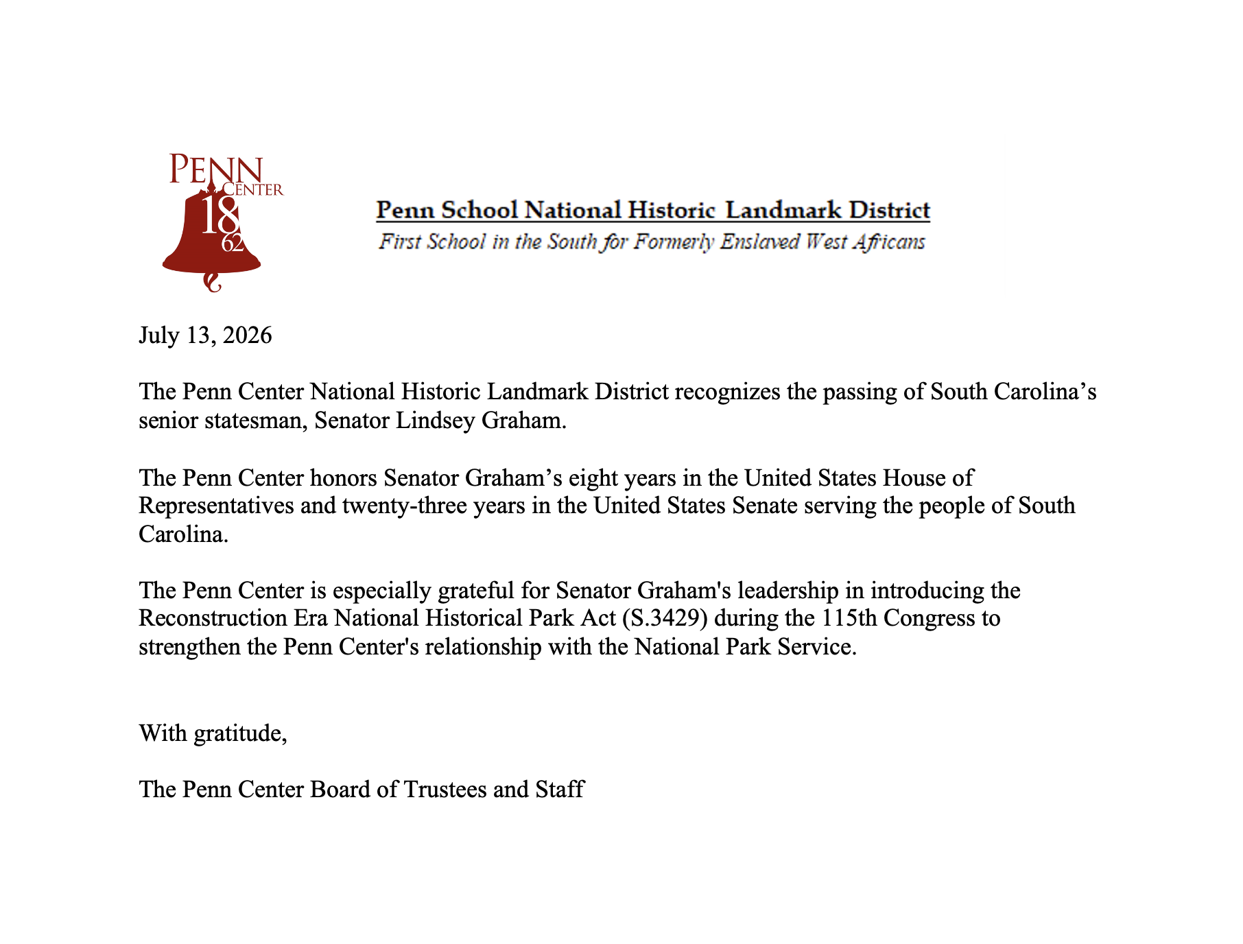 Statement on the passing of U.S. Senator Lindsey Graham