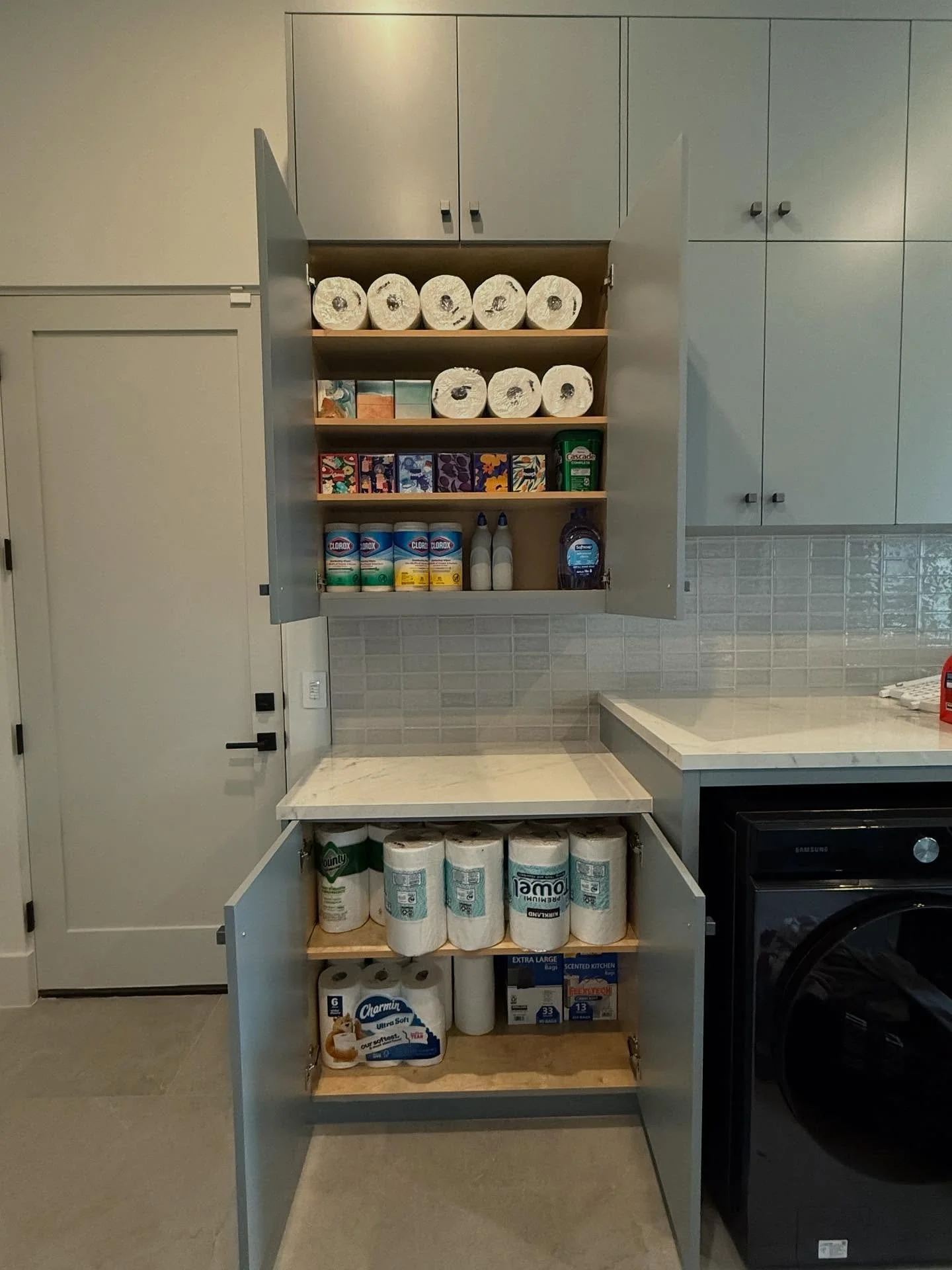 What&rsquo;s the ideal laundry room cabinet? One that can hold your Costco haul!

We&rsquo;re talking 12&rdquo;D on the top cabinet and 24&rdquo;D on the bottom. The hardest items to store in a household are the bulky ones and paper towels are most s