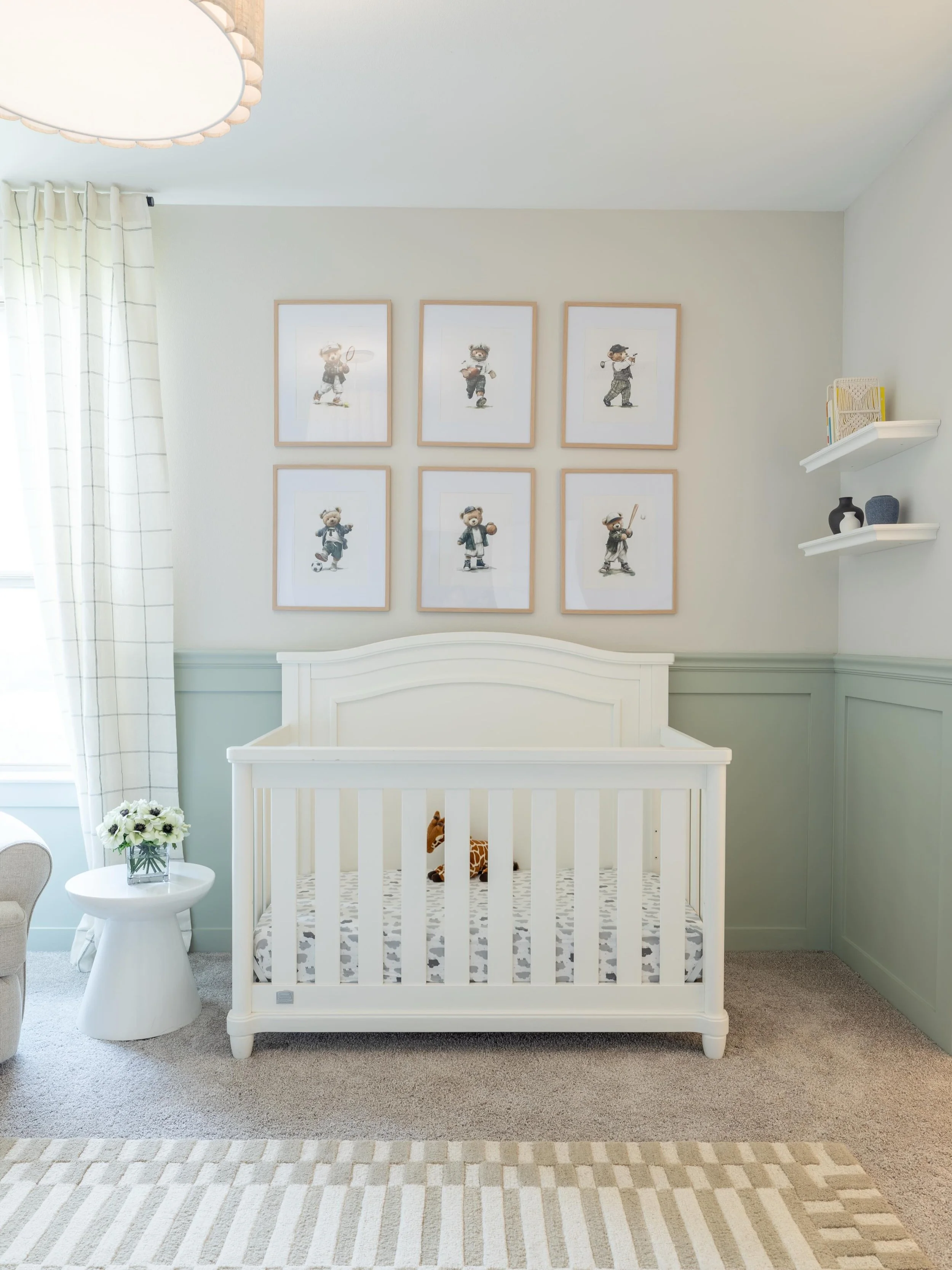 Before my first daughter was born, I found myself drawn to a soft, neutral nursery with calming shades of green. Designing this nursery for an expecting mom brought me right back to that feeling.

With a baby boy on the way, we layered a subtle golf-