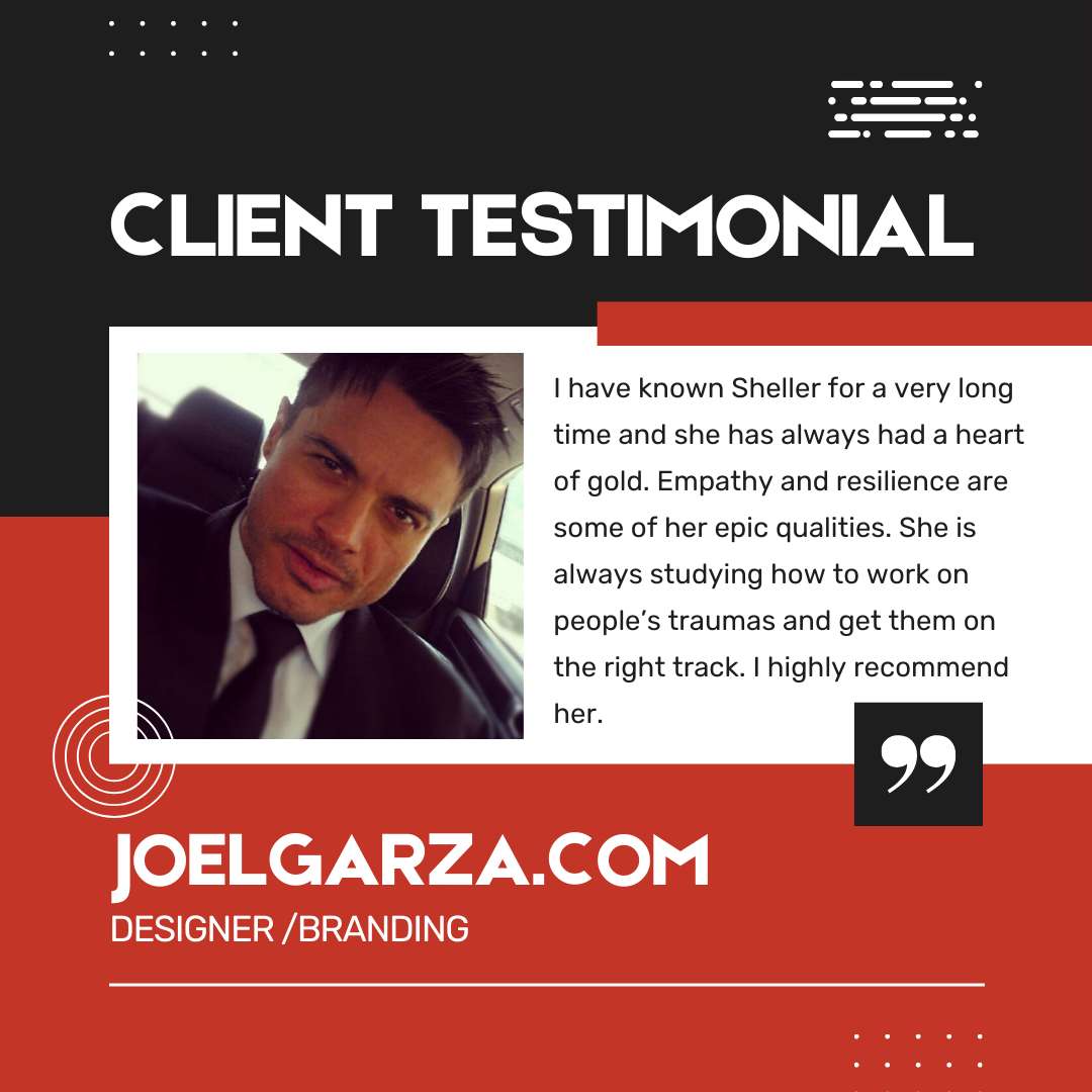 A graphic design testimonial with a photo of a man in a car, black background, white and red accents, and text praising Shelker, a designer and branding expert.