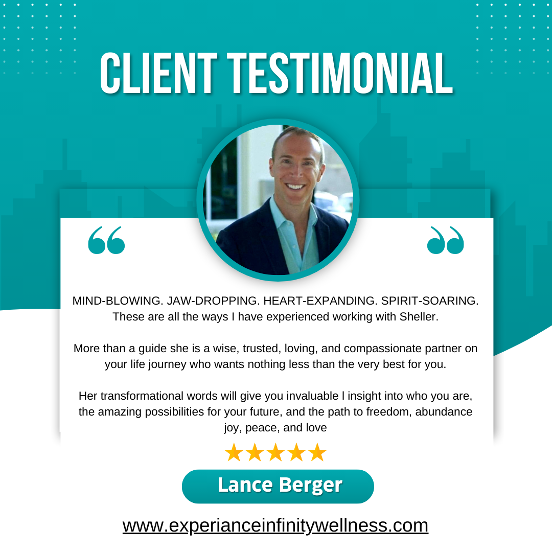 A client testimonial graphic for a wellness or coaching service, featuring a smiling man in a suit, with a quote praising the service and five gold stars, and a website link at the bottom.