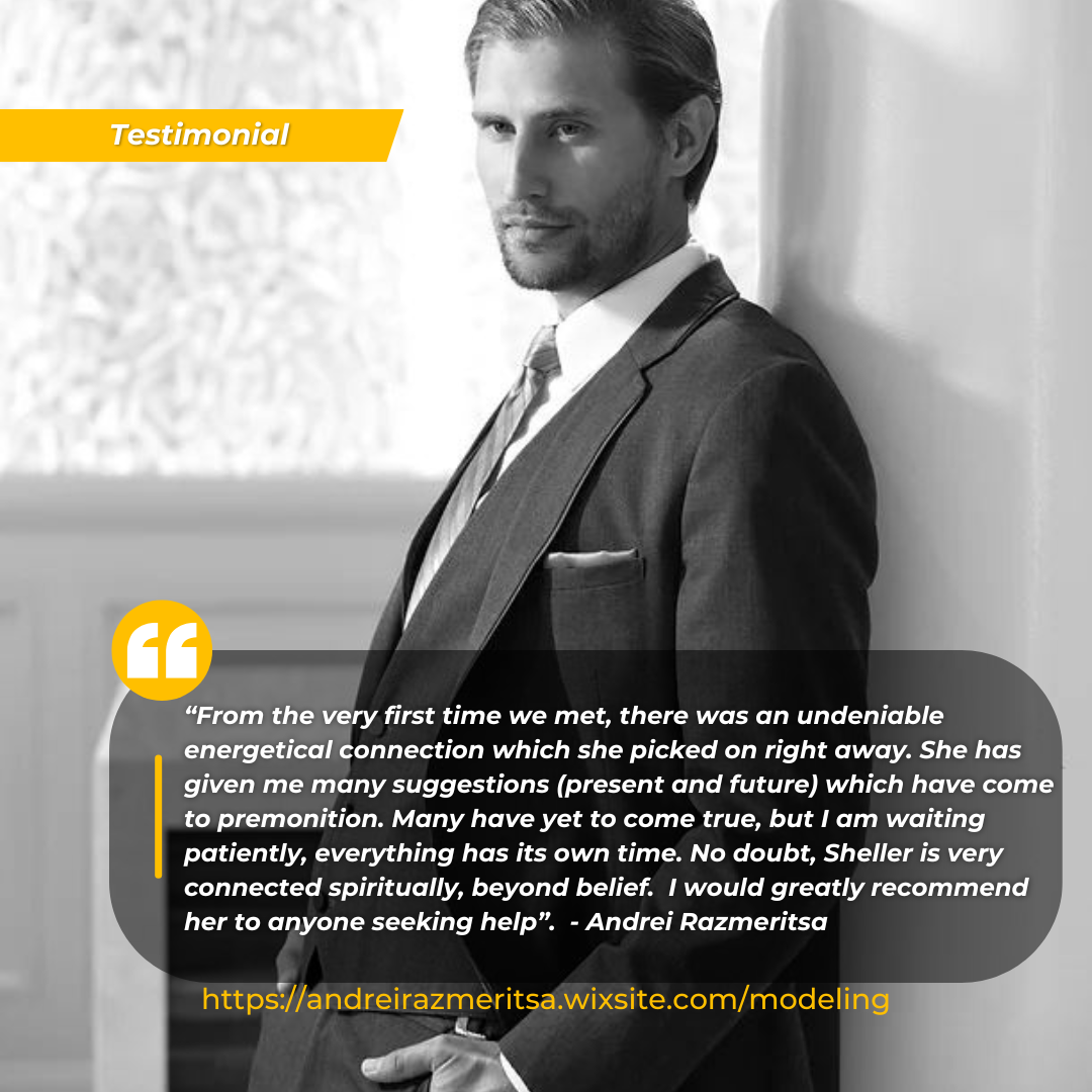 A man in a suit leaning against a wall, with a serious expression, in black and white. A yellow banner in the top left corner says 'Testimonial'. A quote at the bottom from Andrei Razmeritsa praising a spiritual connection and recommending her to oth