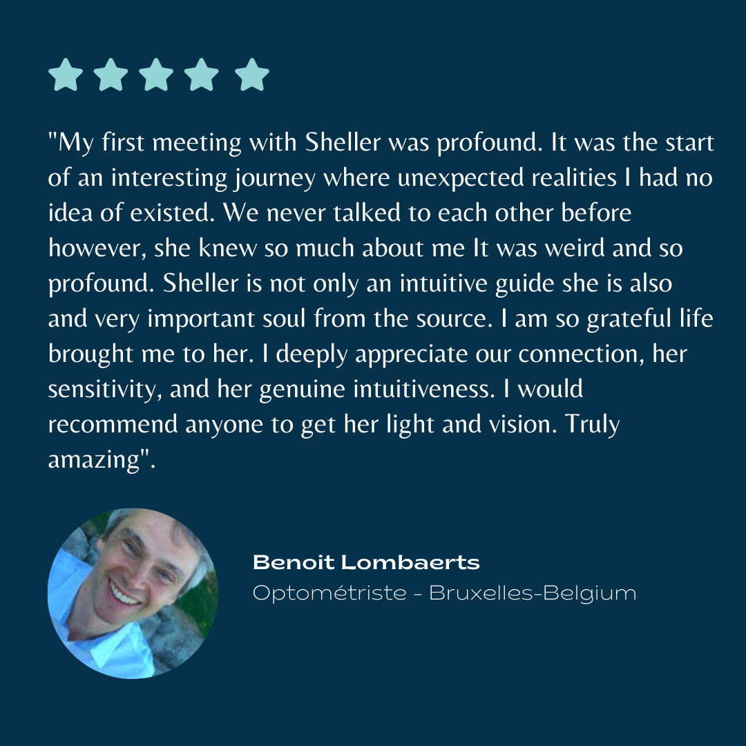 Testimonial with five light blue stars, a quote about meeting with Shelly, a circular photo of a smiling man, and the name and title 'Benoit Lombaerts, Optometrist - Bruxelles-Belgium' against a dark blue background.