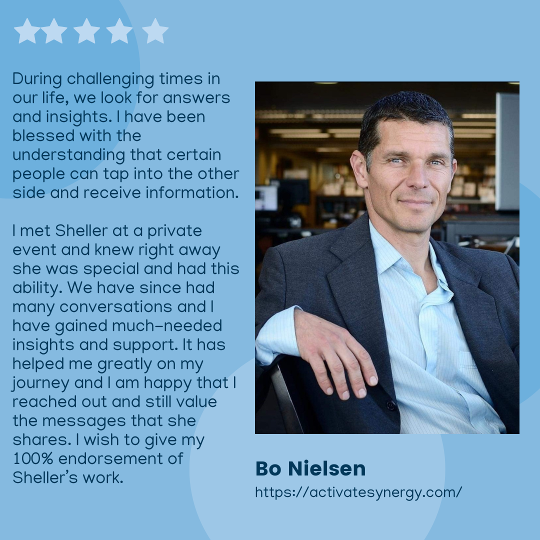 Testimonial card with a photo of Bo Nielsen, a man in a suit, and a quote about the benefits of understanding and support from Shelly, along with a five-star rating graphic at the top.