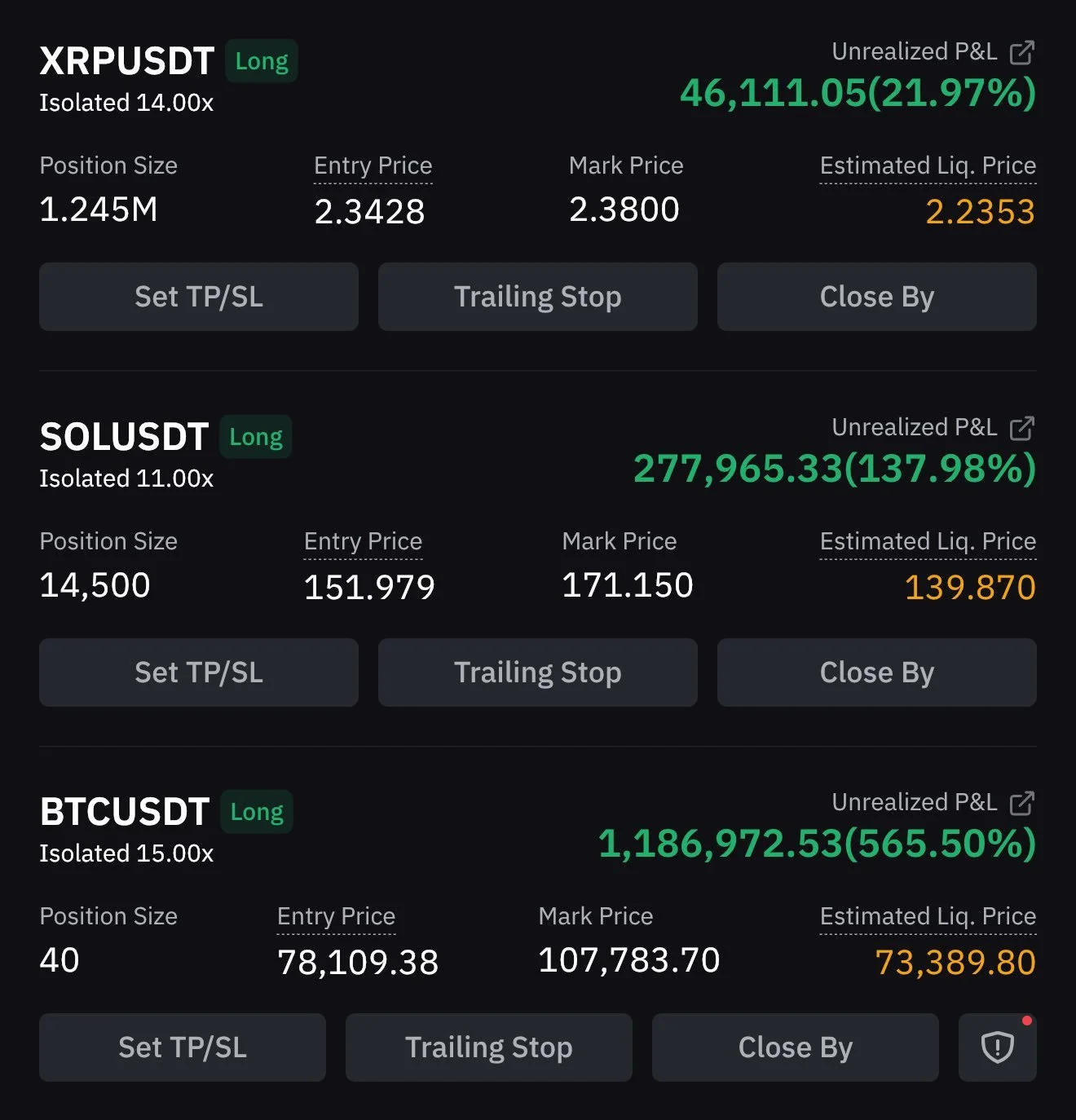 Cryptocurrency trading dashboard showing positions in XRP, SOL, and BTC with profit and loss details, entry and mark prices, and unrealized gains.