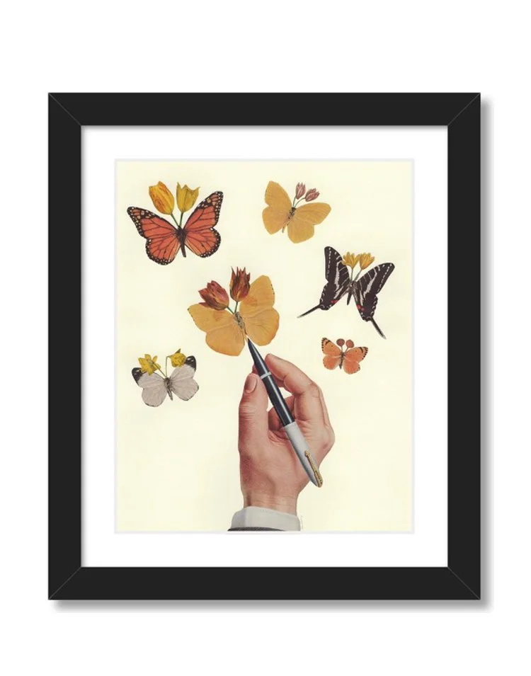 Collage of poet's hand drawing butterflies with flowers