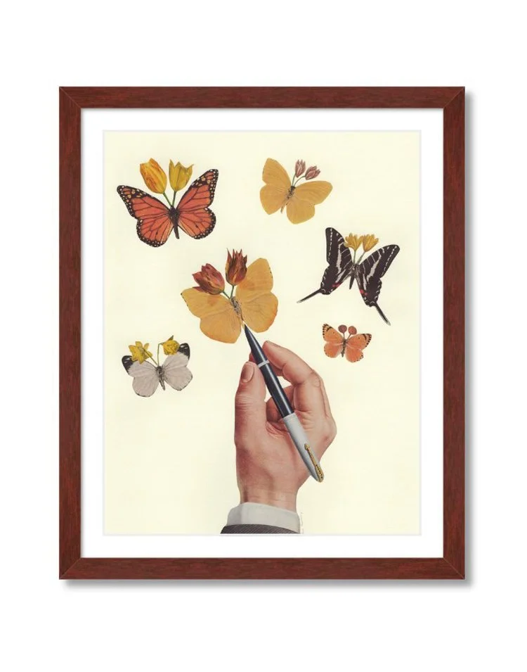 Collage of poet's hand drawing butterflies with flowers