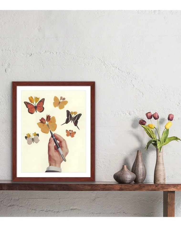 Collage of poet's hand drawing butterflies with flowers