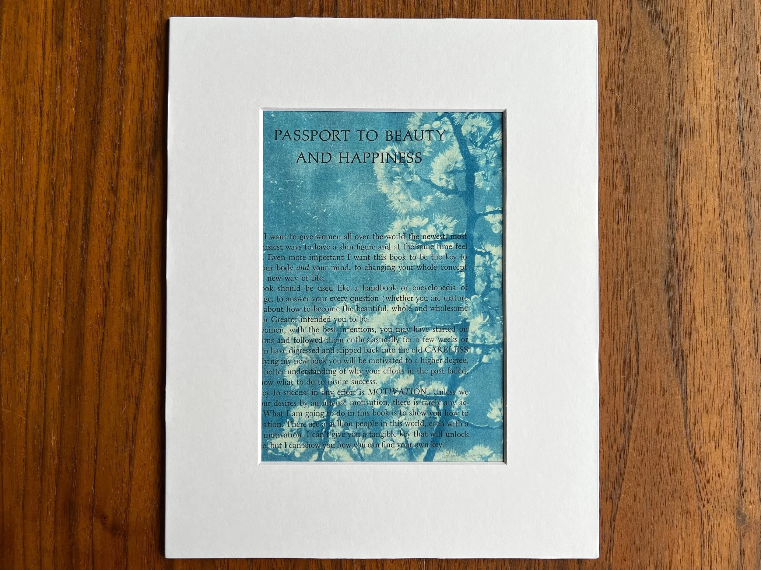 Original cyanotype with a photo of a flowering tree branch printed on a self-help book page from the 1960s.