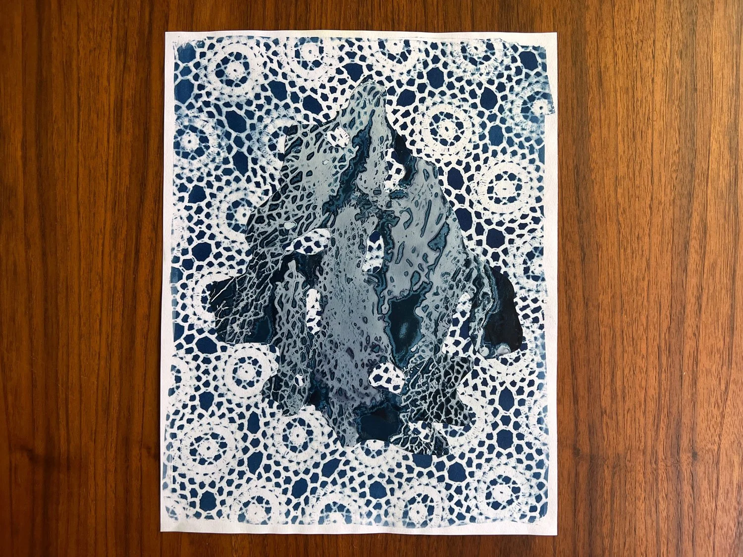 Abstract cyanotype collage made with cactus innards and a doily
