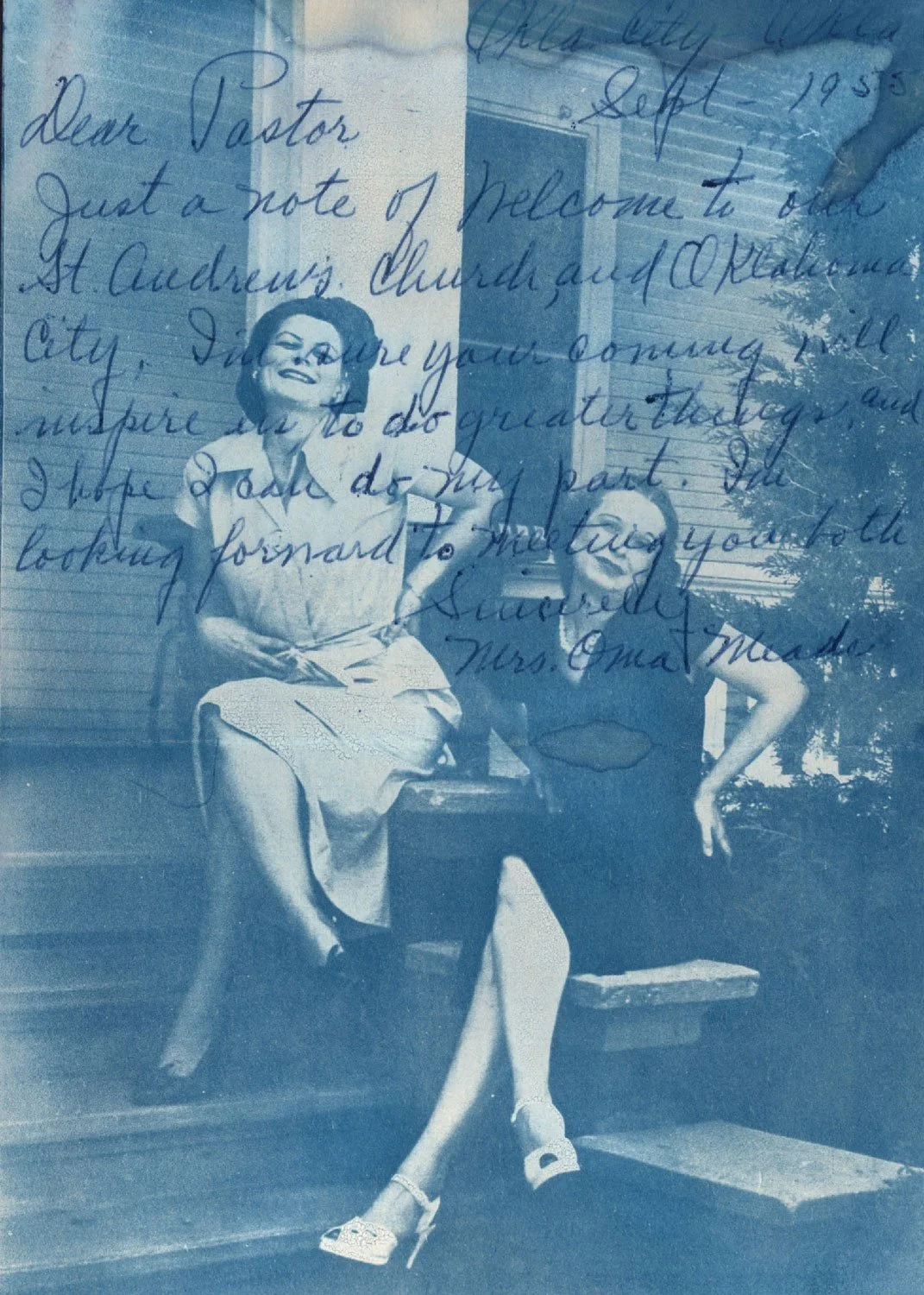 Cyanotype of two women posing with their hands on their hips. It is printed on a 1950s letter welcoming a new pastor.