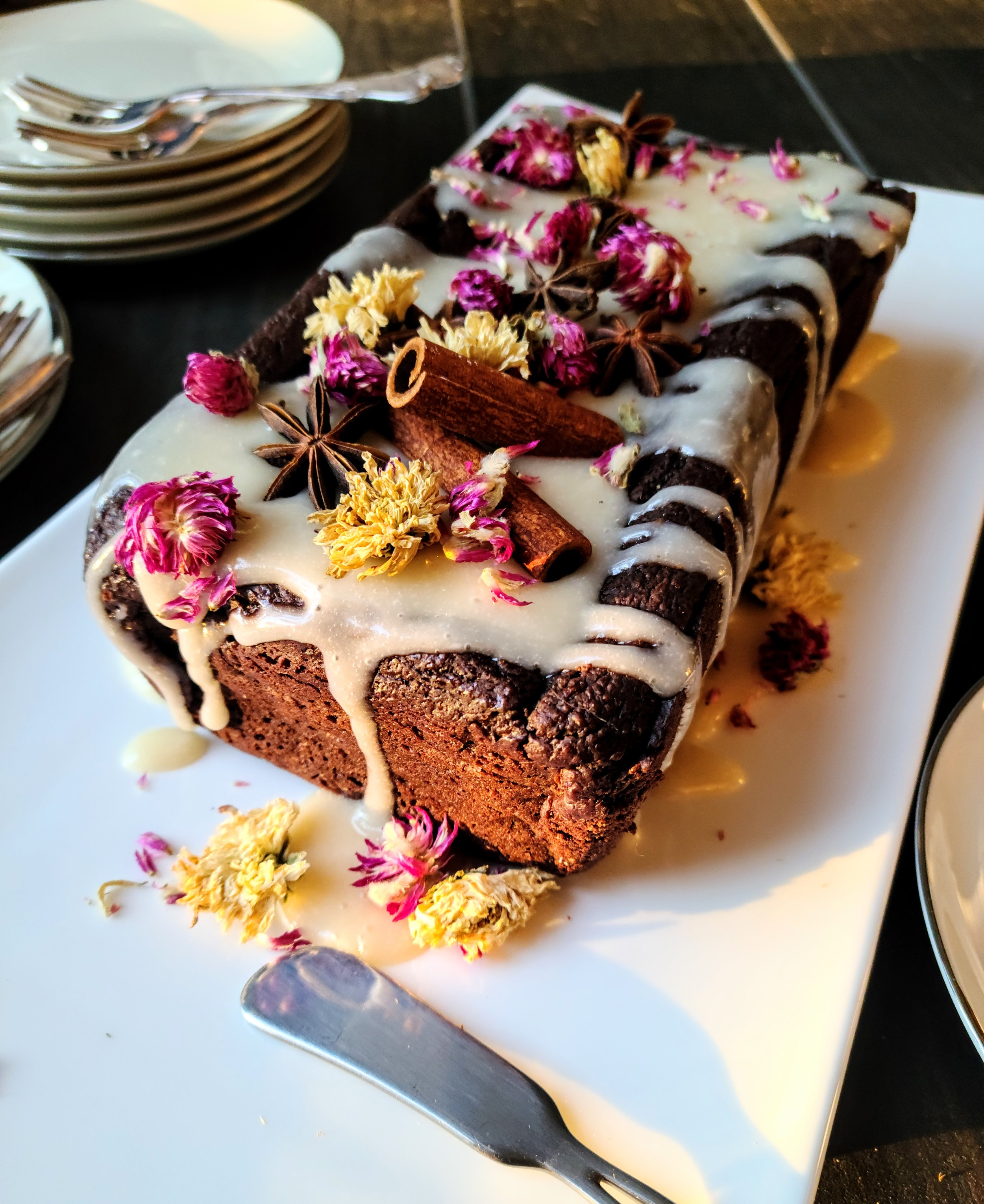 Chocolate Pear Loaf with Tofutti Better Than Sour Cream Chai Glaze