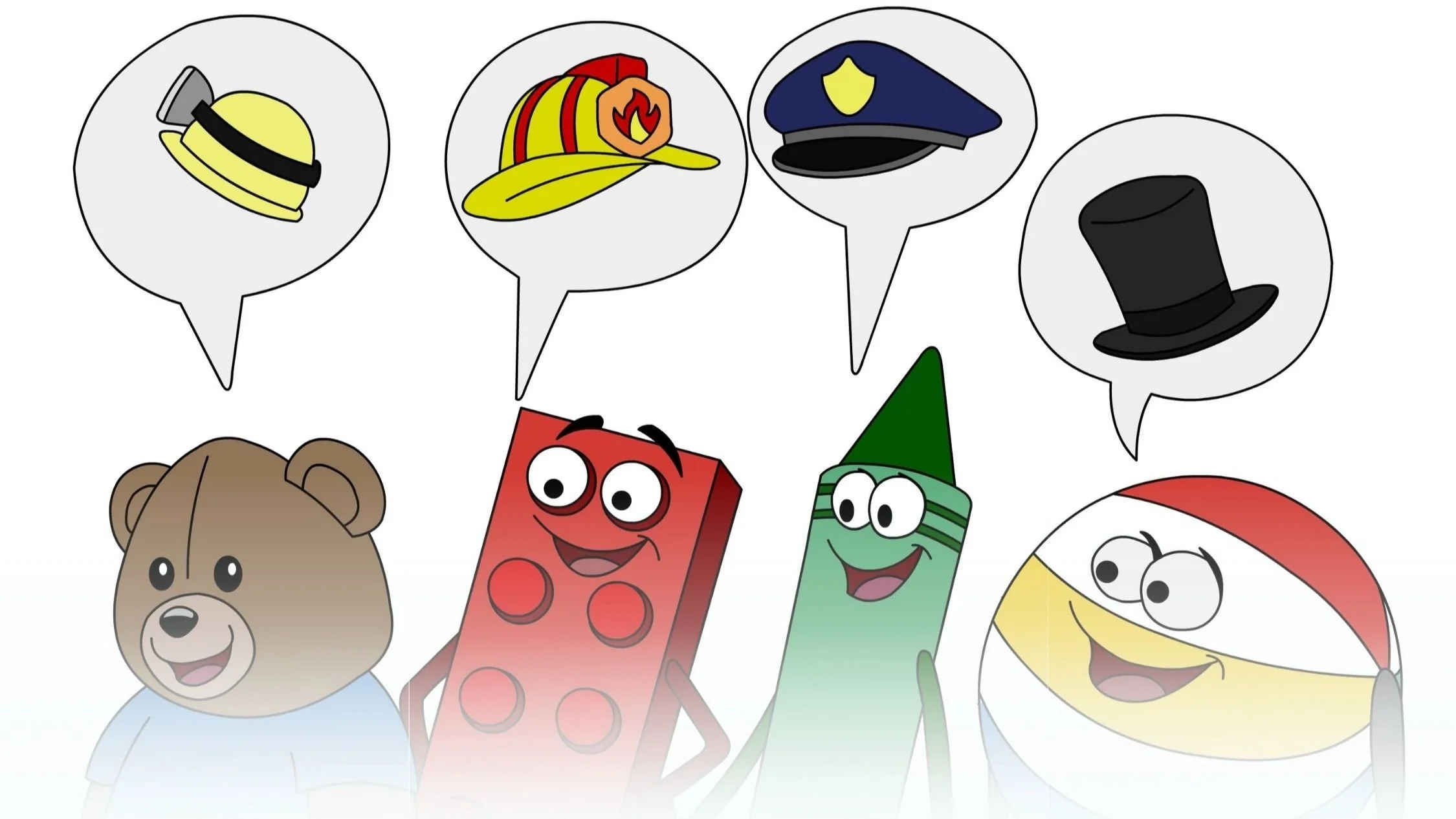 Cartoon characters of a bear, a red rectangular character, a green cone-shaped character, and a beach ball, each with speech bubbles containing various types of hats, including a firefighter's helmet, a police officer's cap, a black top hat, a yellow miner's helmet, a firefighter's hat, a police cap, and a firefighter's helmet.