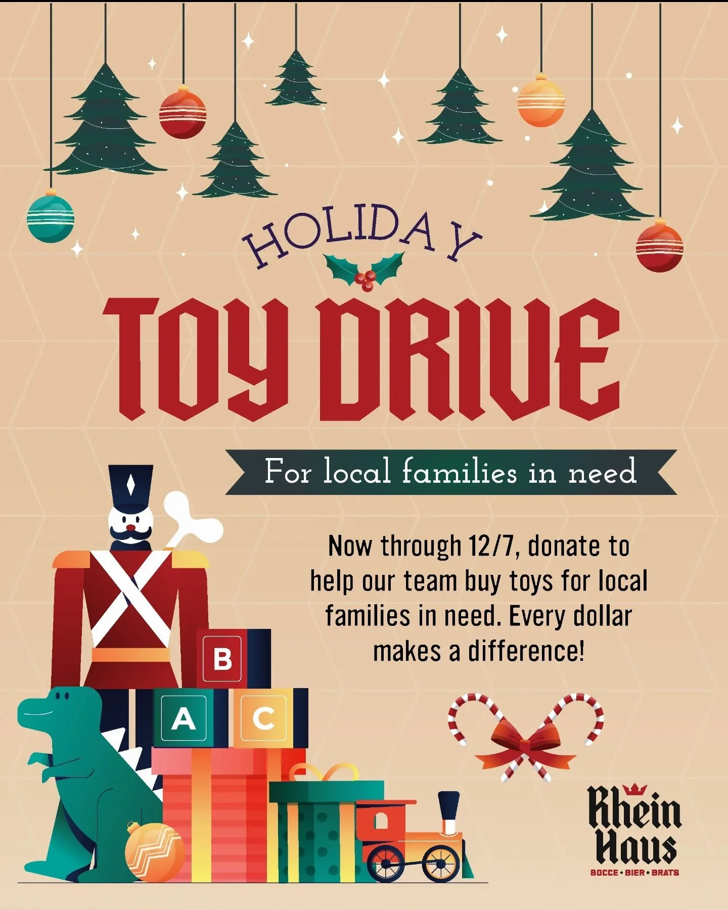 Let&rsquo;s spread some holiday cheer, Haus style! ✨🎁 We&rsquo;re running a toy drive now through Dec 7 to help local families who could use a little extra magic this season.

Want to help? Just add a donation when you dine with us&mdash;every dolla