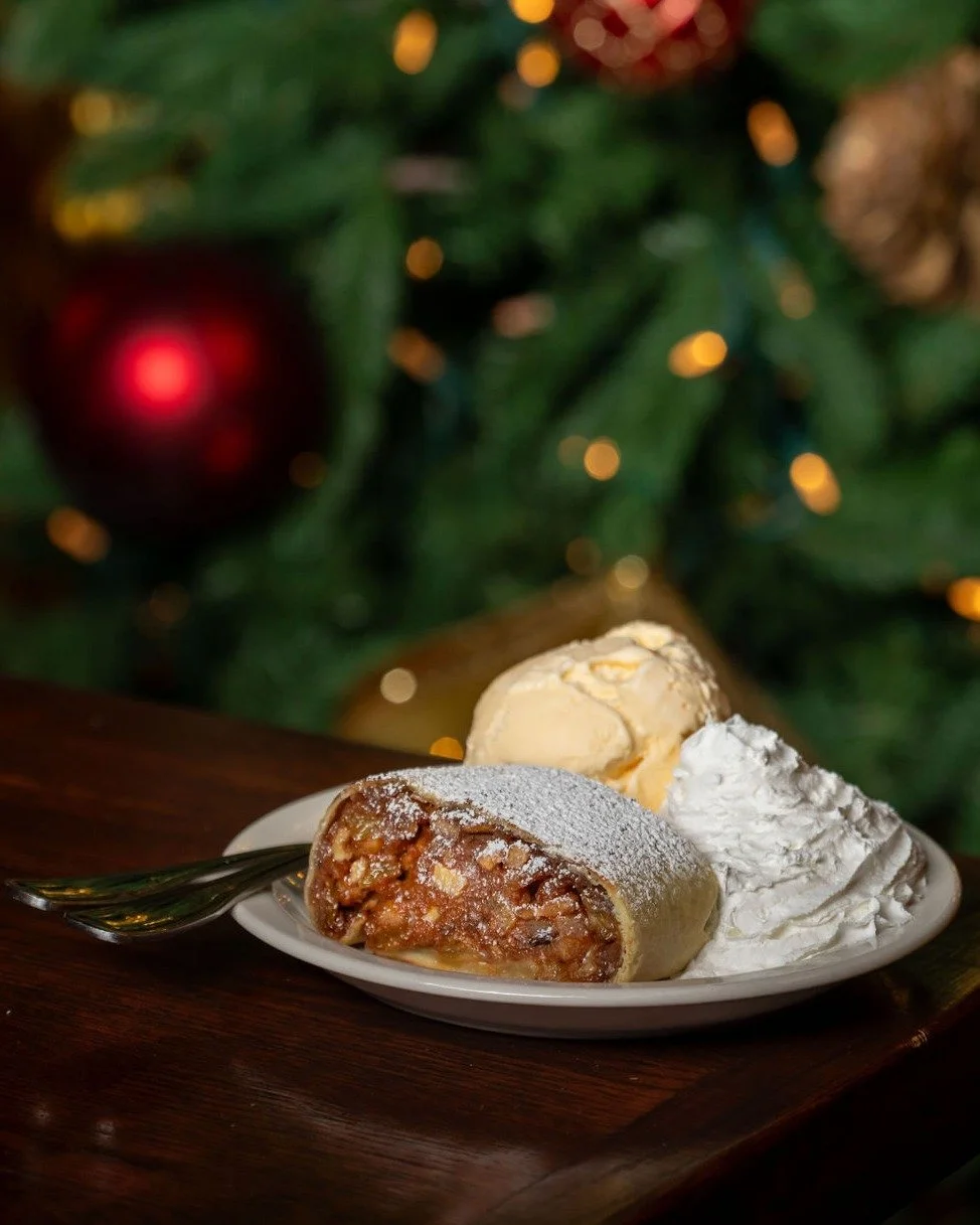 Something sweet for the season? We&rsquo;ve got you covered 🍎❄️ Our fresh-baked apple strudel is a holiday classic&mdash;flaky pastry stuffed with apples, golden raisins, graham cracker crumbs, cinnamon, and topped with powdered sugar, whipped cream