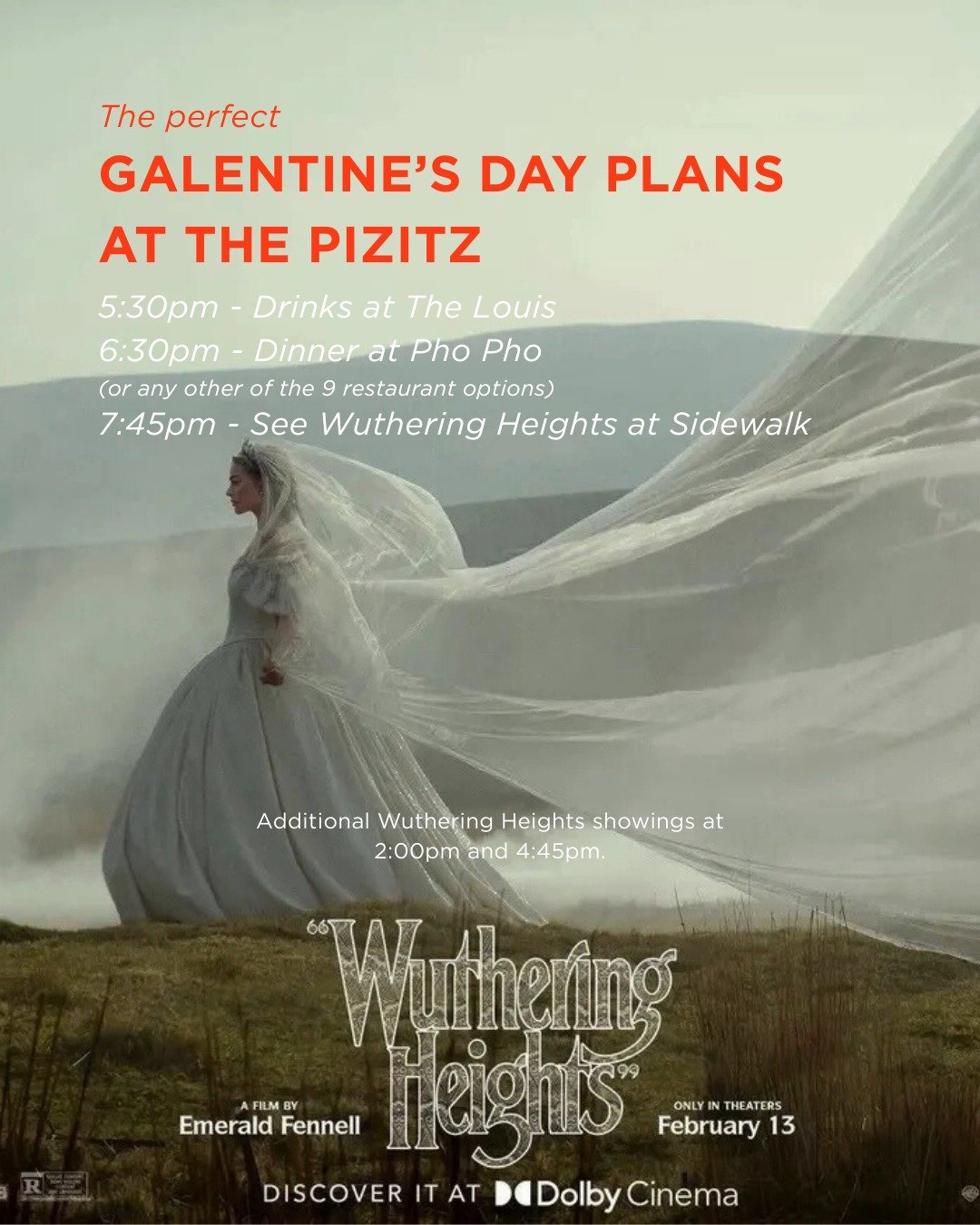 Spend Galentine's Day with us on Friday, February 13th! We've come up with the perfect itinerary so you don't have to! 

5:30pm - Drinks at The Louis 
6:30pm - Dinner at PhoPho
7:45pm - Catch the movie at Sidewalk! 

See the highly anticipated Wuther