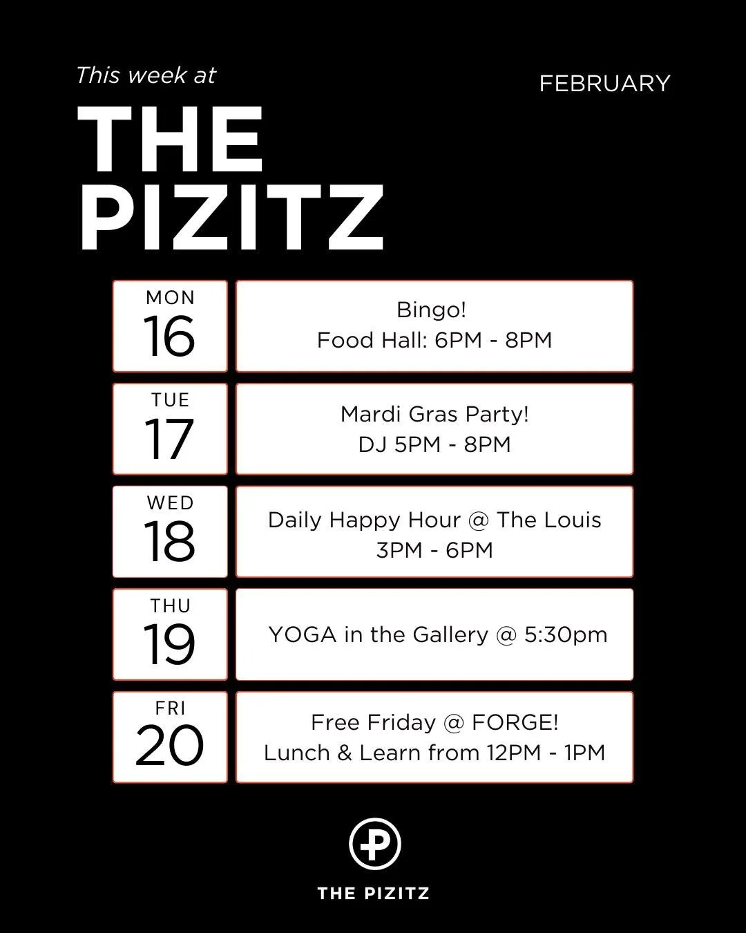 This week at The Pizitz! Join us for Bingo in the Food Hall from 6PM - 8PM and DON'T MISS Mardi Gras celebration on Fat Tuesday! 

Have questions? Send us a DM or leave a comment!