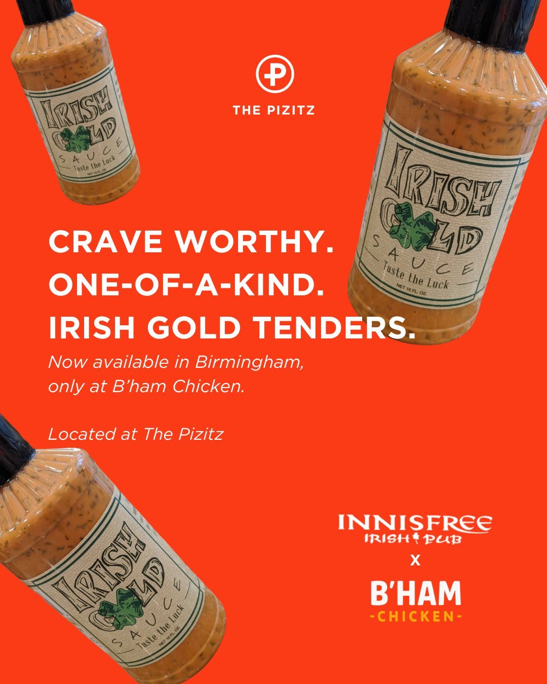 NOW AVAILABLE in Birmingham! Innisfree's iconic Irish Gold Sauce&reg; is now on the menu at B'ham Chicken for a limited time. Order it with any dish, while supplies last! 🍀

The Pizitz Food Hall is open from 11am - 8pm Monday-Saturday.
