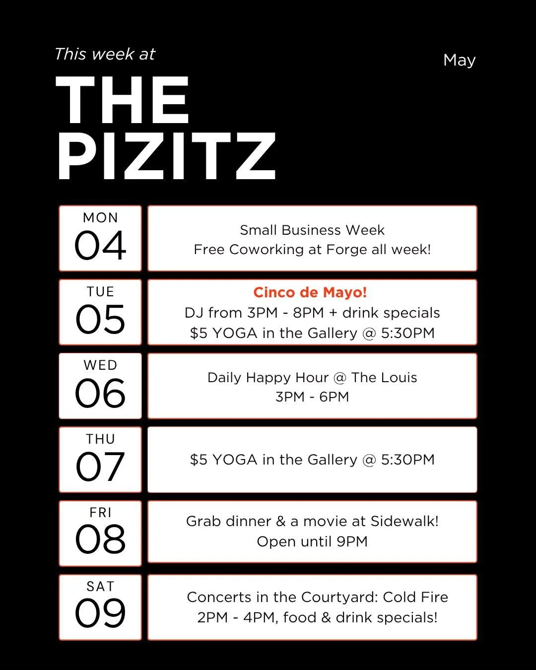 This week at The Pizitz! 

All week - FREE coworking at Forge in honor of Small Business Week. 

Tuesday - Cinco de Mayo! DJ from 3PM - 8PM + drink specials 🍹 Yoga in The Gallery at 5:30PM - now $5/person. 

Wednesday - Daily Happy Hour specials fro