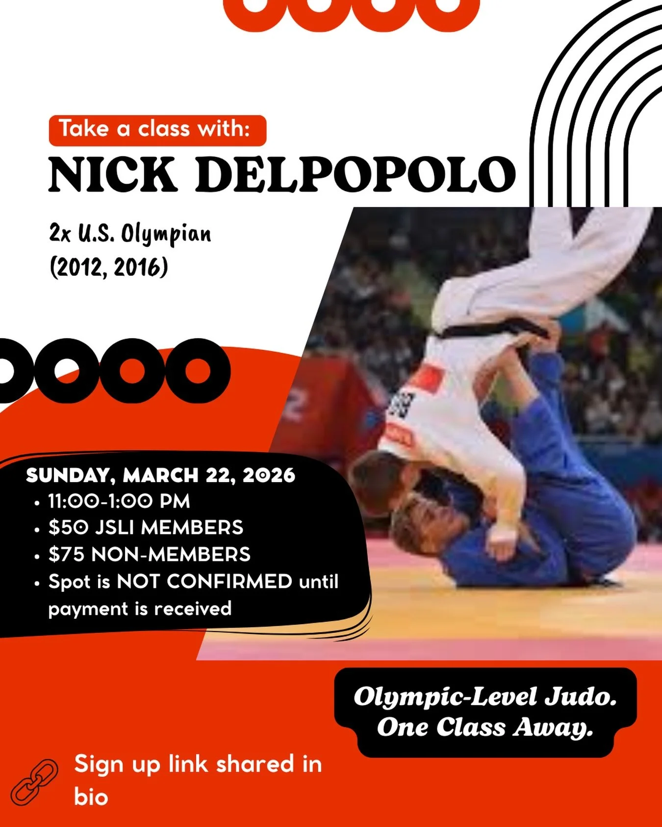 Join us March 22, 2026 at 11:00 AM for a special Judo Seminar with 2x Olympian Nick Delpopolo.
 
Open to kids and adults of all levels-come learn Olympic-level technique, sharpen your skills, and get on the mat with one of the best! 

📆March 22 
⏰11