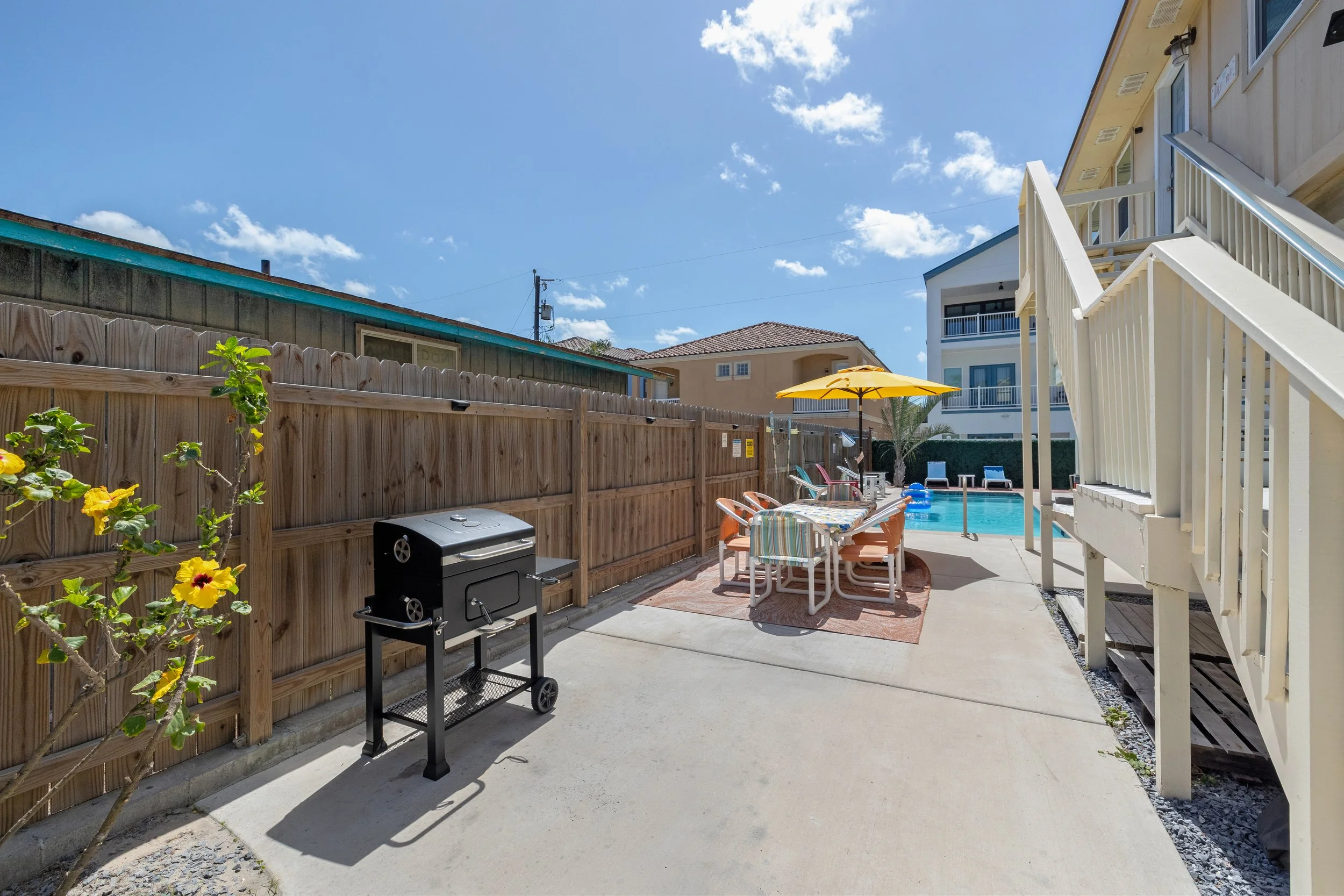 Charcoal grill and outdoor eating area
