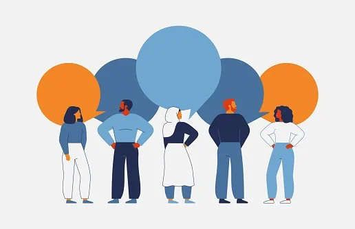 Illustration of five women standing in a row, each with a speech bubble above their head, suggesting conversation or discussion.