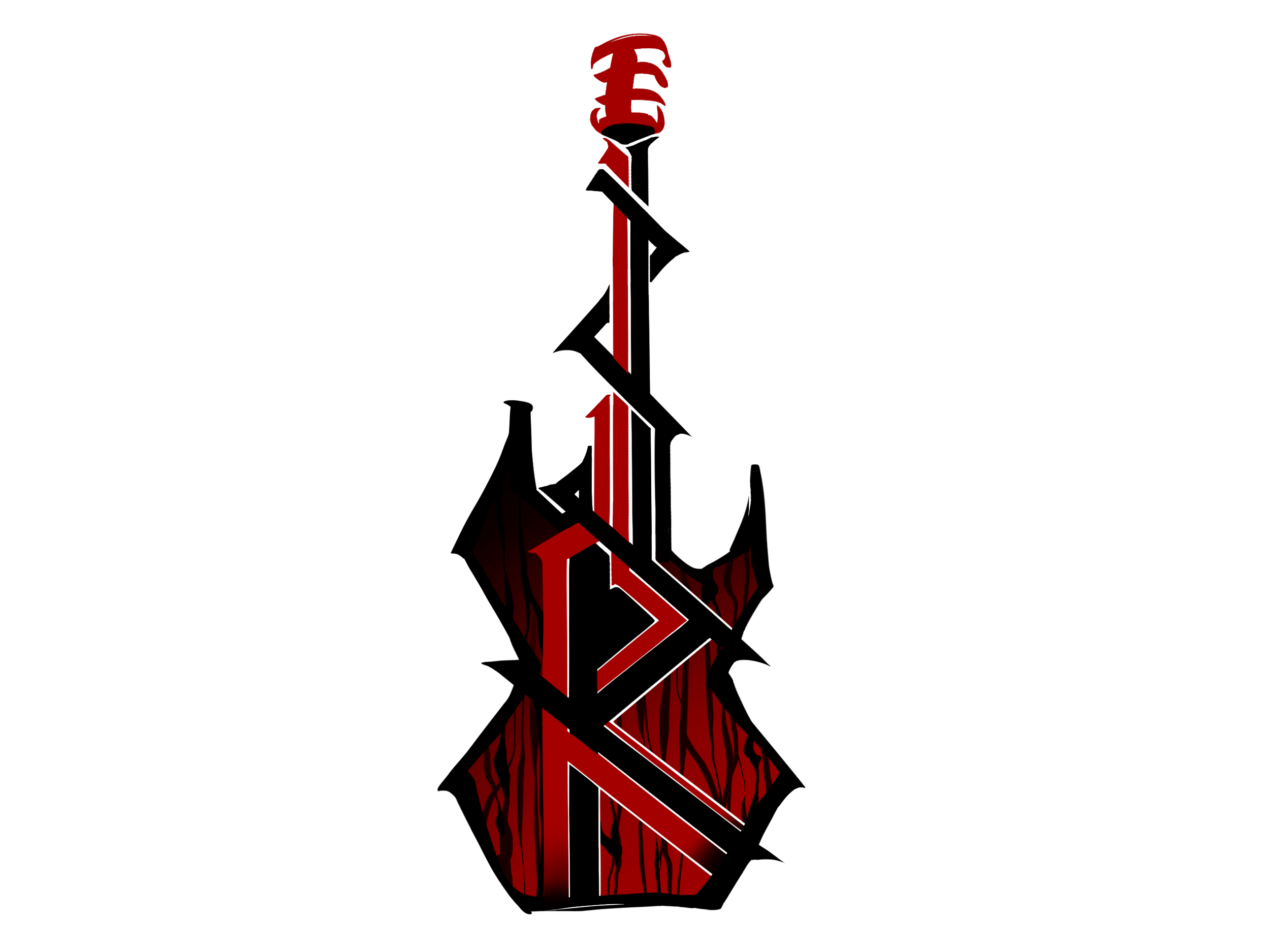 A stylized, dark-colored, three-dimensional electric guitar with two R letters for Rock Redemption.