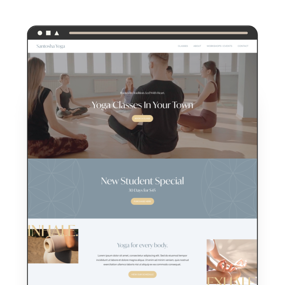 Squarespace website template homepage for a yoga studio featuring a group yoga class in a bright studio, with women and a man sitting in a cross-legged meditation pose.