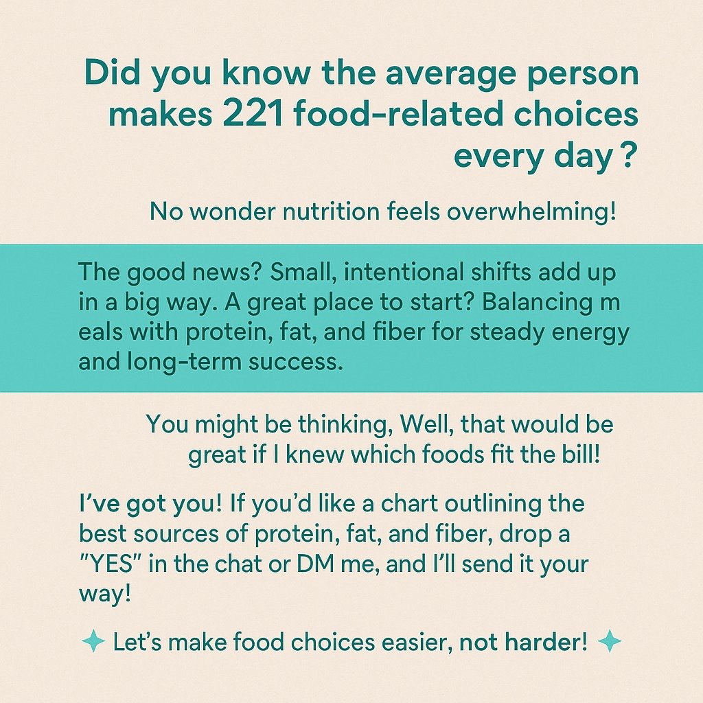 Did you know the average person makes 221 food-related choices every day? No wonder nutrition feels overwhelming!

The good news? Small, intentional shifts add up in a big way. A great place to start? Balancing meals with protein, fat, and fiber for 