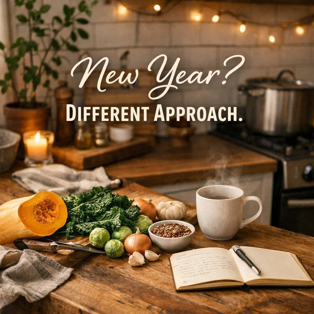 New Year, New Me&hellip;sounds exciting, right? Until it&rsquo;s the second Monday in January and the motivation is gone. 🙃
Instead of chasing perfection, what if we focused on small, nourishing shifts? Grounding seasonal foods. Simple routines. Rea