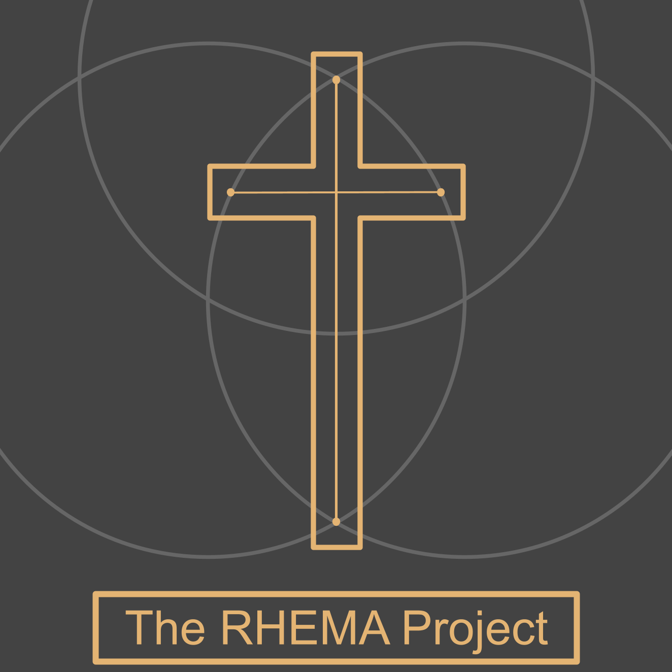 Logo of The RHEMA Project featuring a stylized cross in orange with Trinitarian geometric design elements on a dark background.